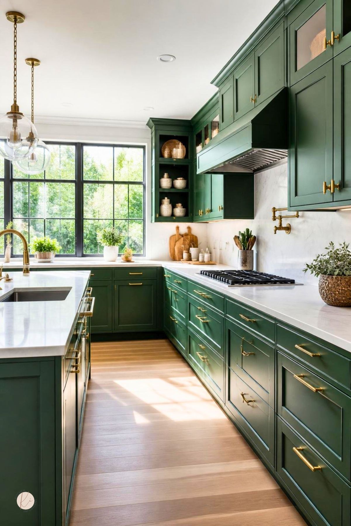 Deep green kitchen cabinets with gold hardware, white countertops, brass pendant lights, marble backsplash, light wood floors, and large black-framed windows.