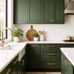 Dark green kitchen cabinets with gold hardware, white countertops, a brass faucet, farmhouse sink, white tile backsplash, wood accents, potted plants, and a natural woven rug.