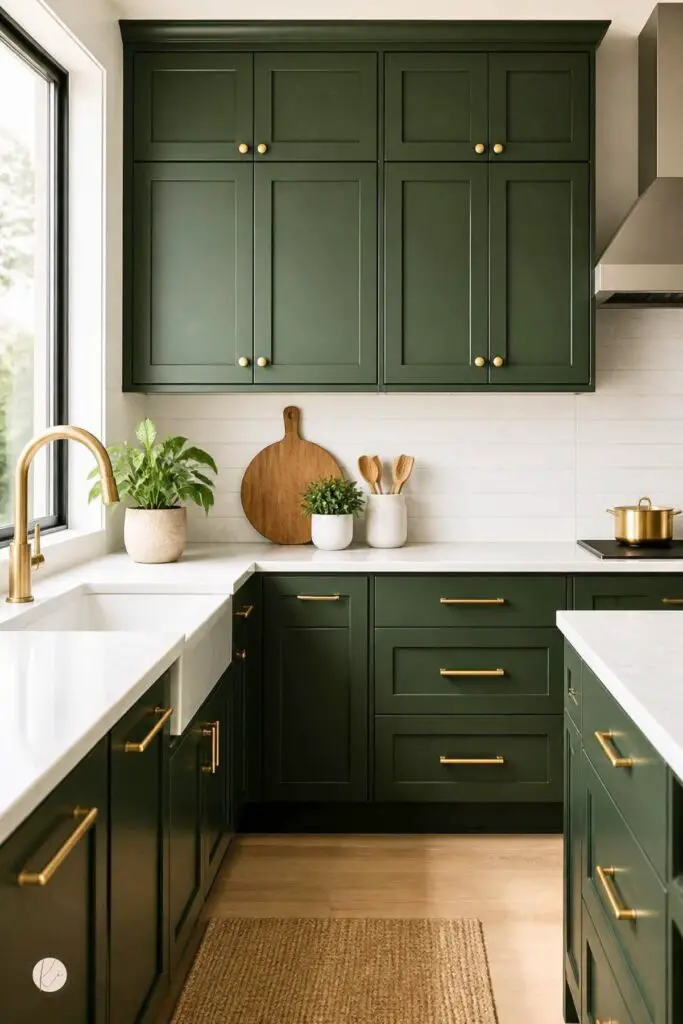 Dark green kitchen cabinets with gold hardware, white countertops, a brass faucet, farmhouse sink, white tile backsplash, wood accents, potted plants, and a natural woven rug.