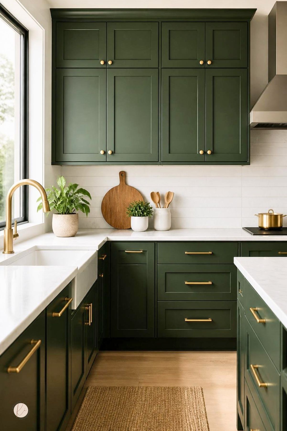 Dark green kitchen cabinets with gold hardware, white countertops, a brass faucet, farmhouse sink, white tile backsplash, wood accents, potted plants, and a natural woven rug.