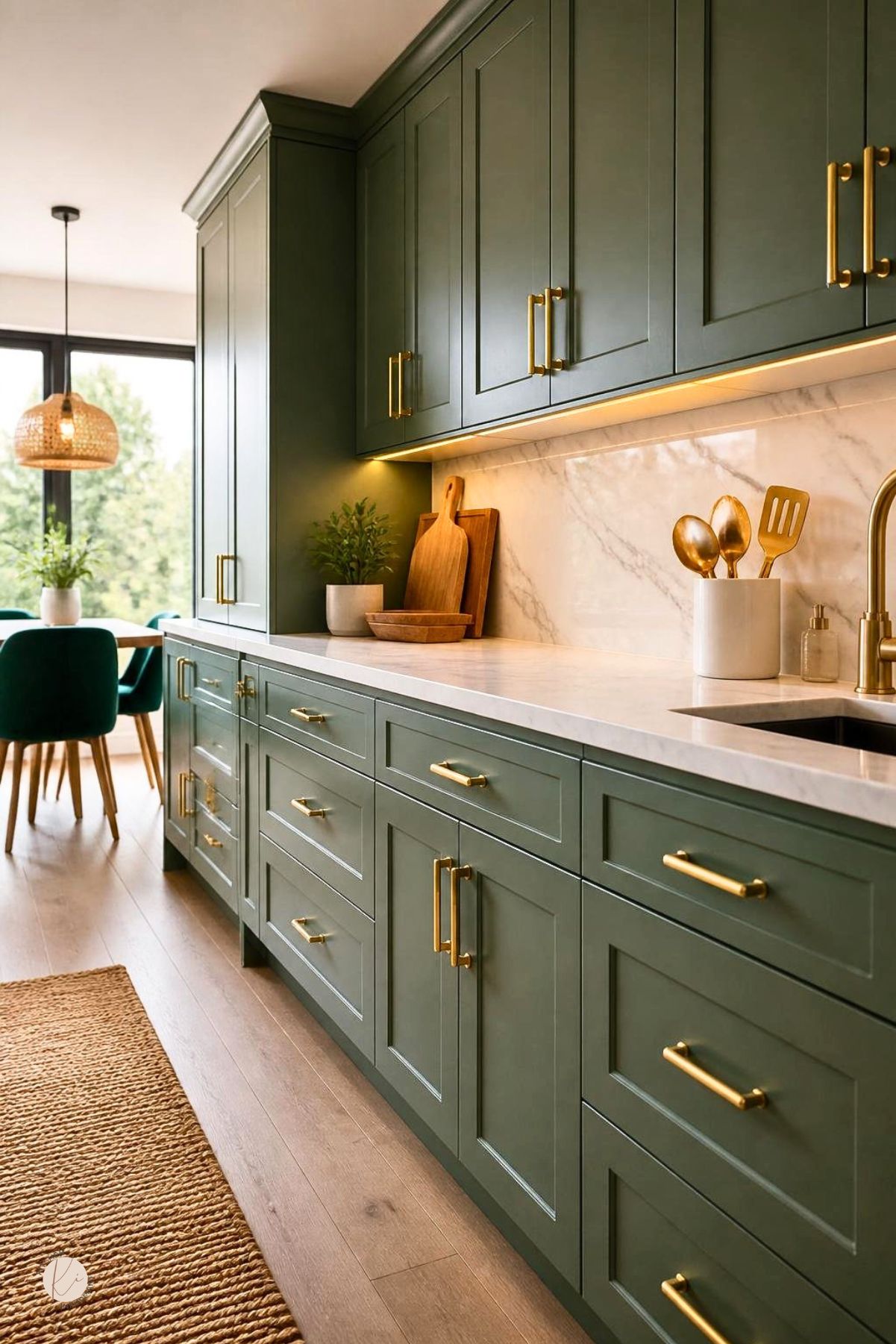 A bright kitchen with green cabinets and gold handles, featuring a white marble countertop and natural light coming through large windows.