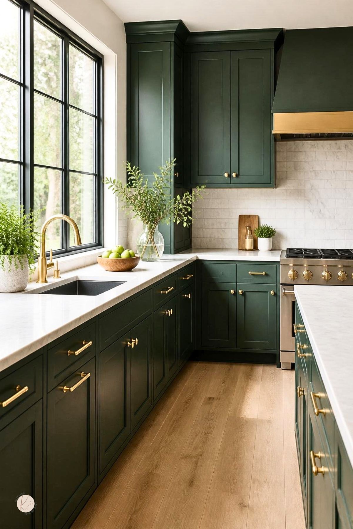 A modern kitchen with green cabinets and gold handles, bright natural light, and light countertops.