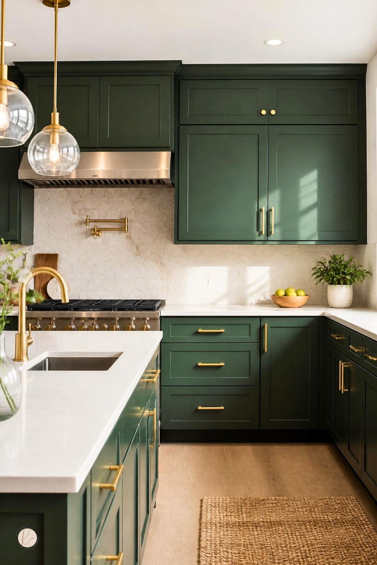 A modern kitchen with green cabinets and gold handles, featuring natural light and a clean countertop.