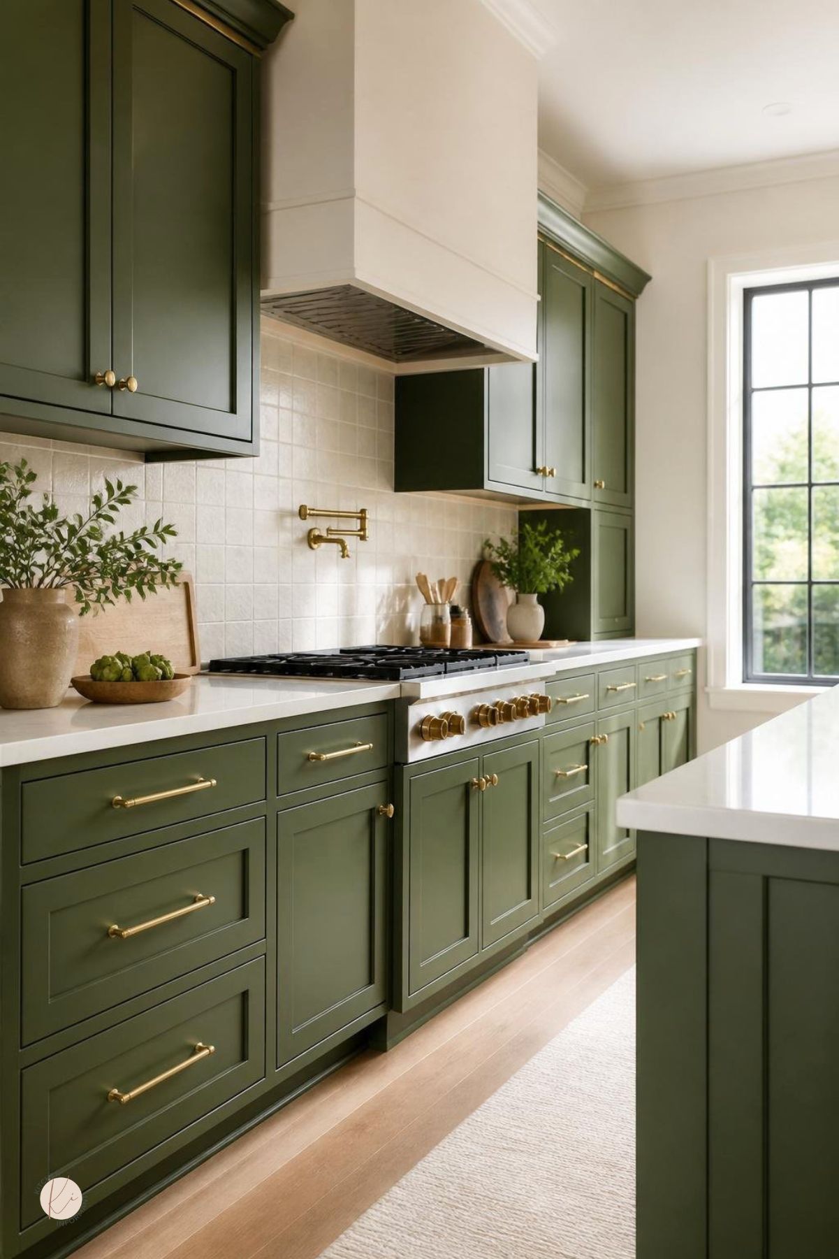 A modern kitchen with green cabinets, gold hardware, light countertops, and a neutral backsplash.