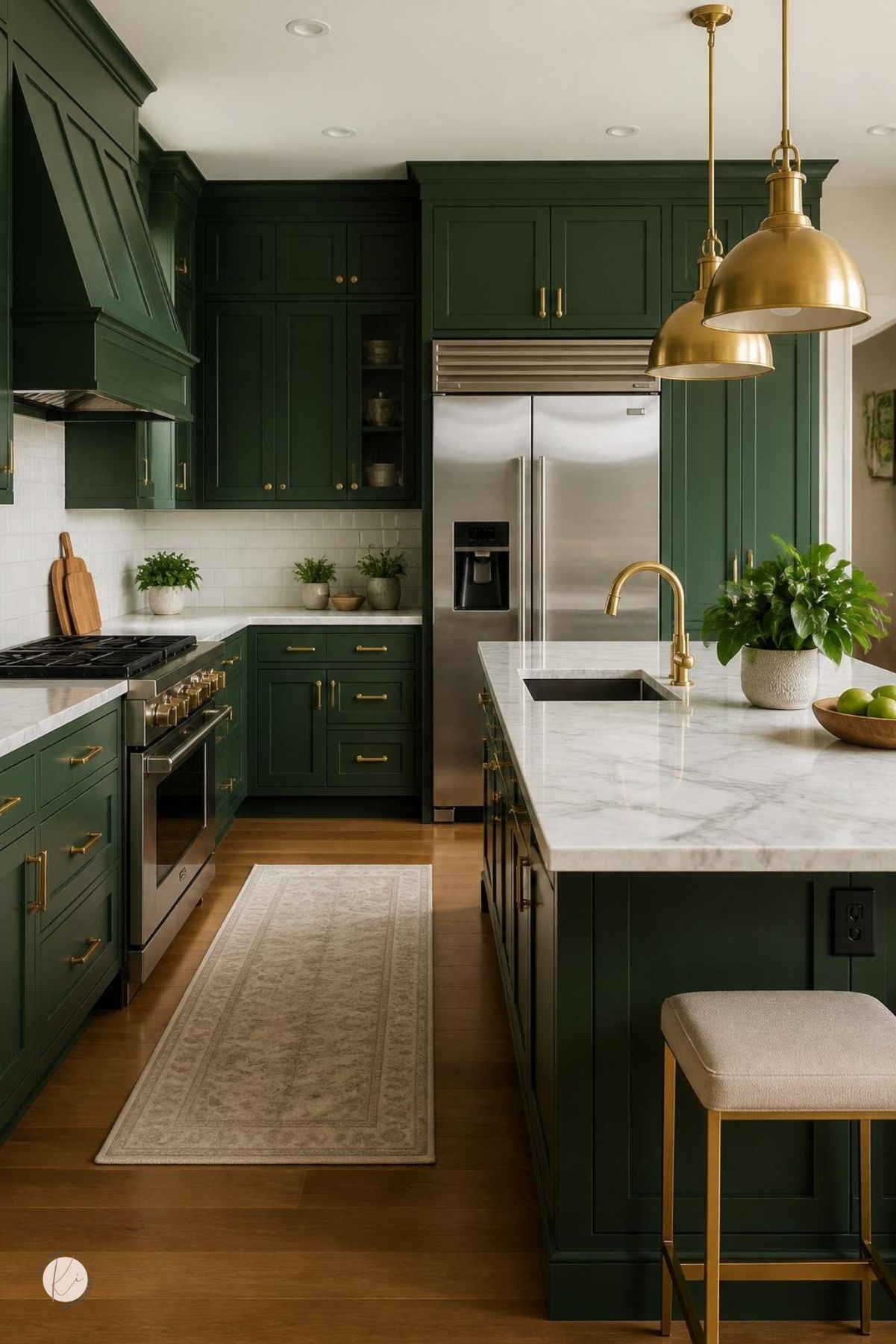 A modern kitchen with green cabinets and gold hardware, featuring a marble countertop island, stainless steel appliances, and natural lighting.