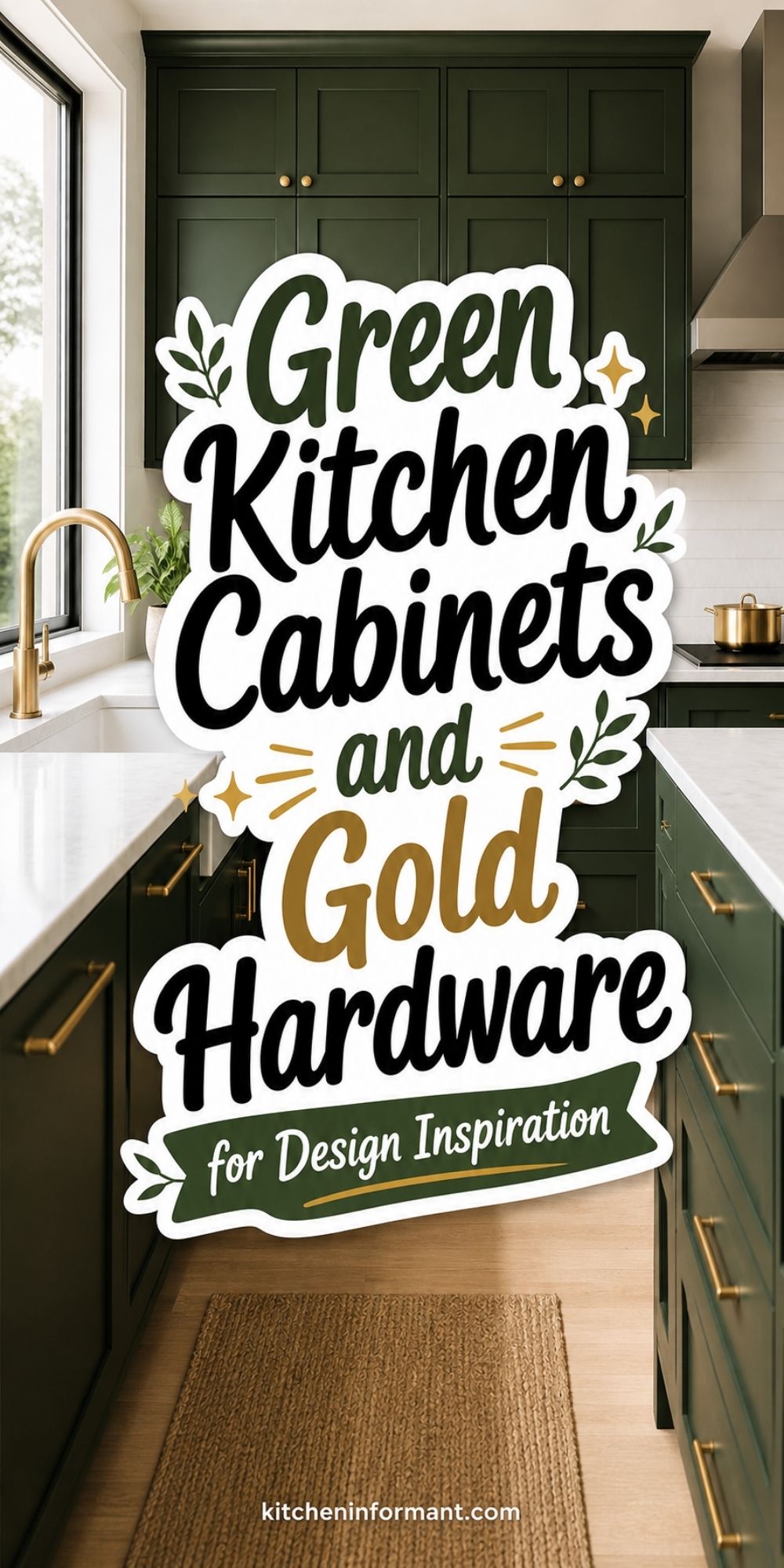 Dark green kitchen cabinets with gold hardware, white countertops, brass faucet, and wood floors. Large overlay text reads “Green Kitchen Cabinets and Gold Hardware for Design Inspiration” with kitcheninformant.com at the bottom.