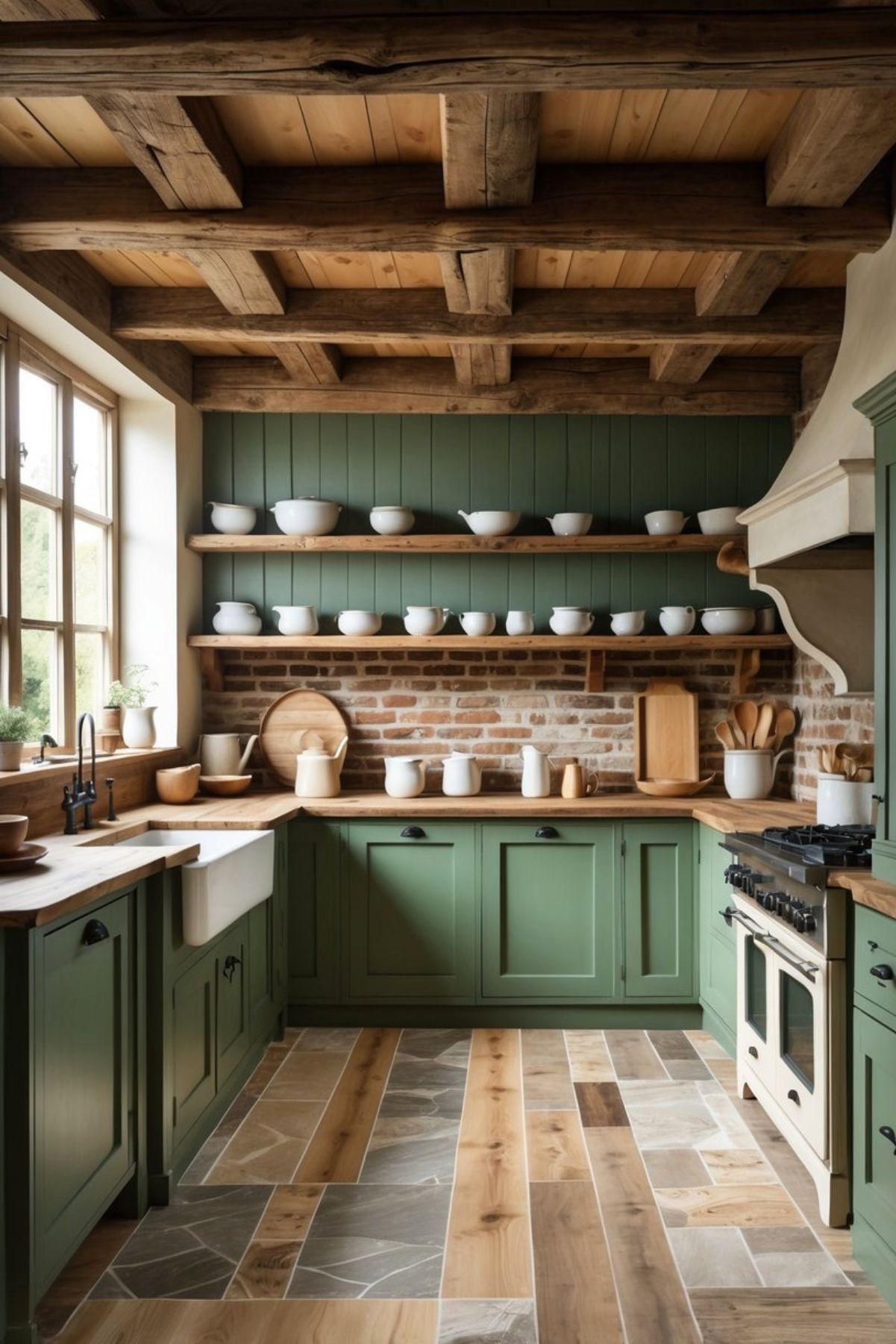 A kitchen with green cabinets and wooden shelves, displaying different flooring samples on the floor in front.
