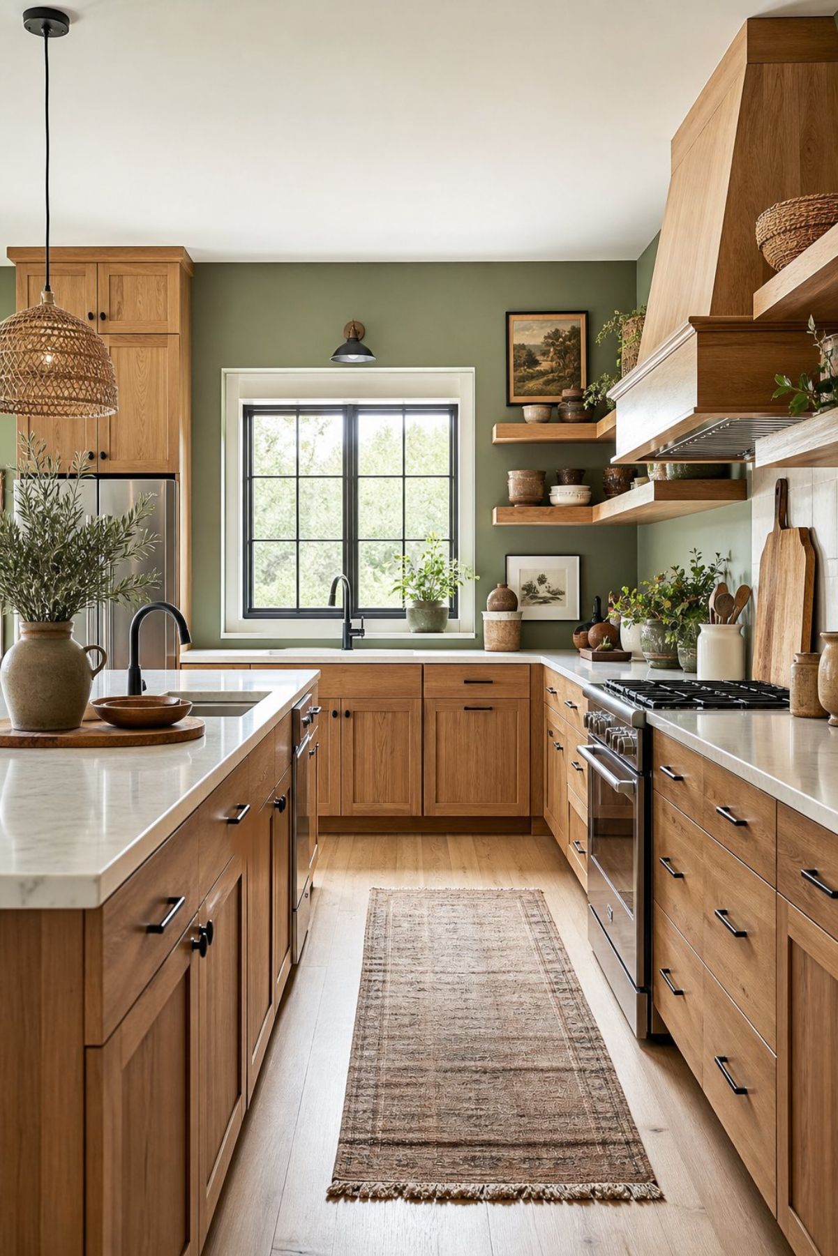 Green rustic kitchen with light wood cabinets, sage green walls, white countertops, black hardware, open wood shelves, range hood, woven pendant light, stainless appliances, potted greenery, and a neutral runner rug.
