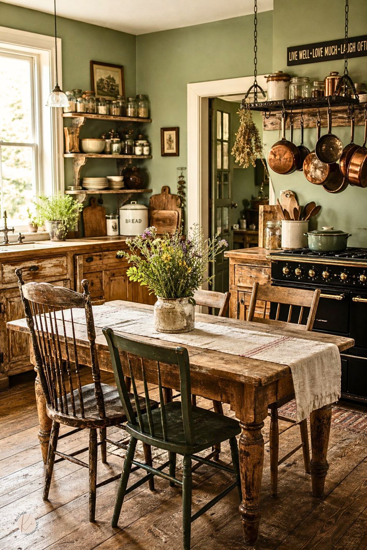Green rustic kitchen with sage green walls, weathered wood cabinets, open shelves, hanging copper pots, black range, farmhouse sink, vintage dining table, mismatched chairs, wildflowers, and a wall sign reading “Live Well • Love Much • Laugh Often.”