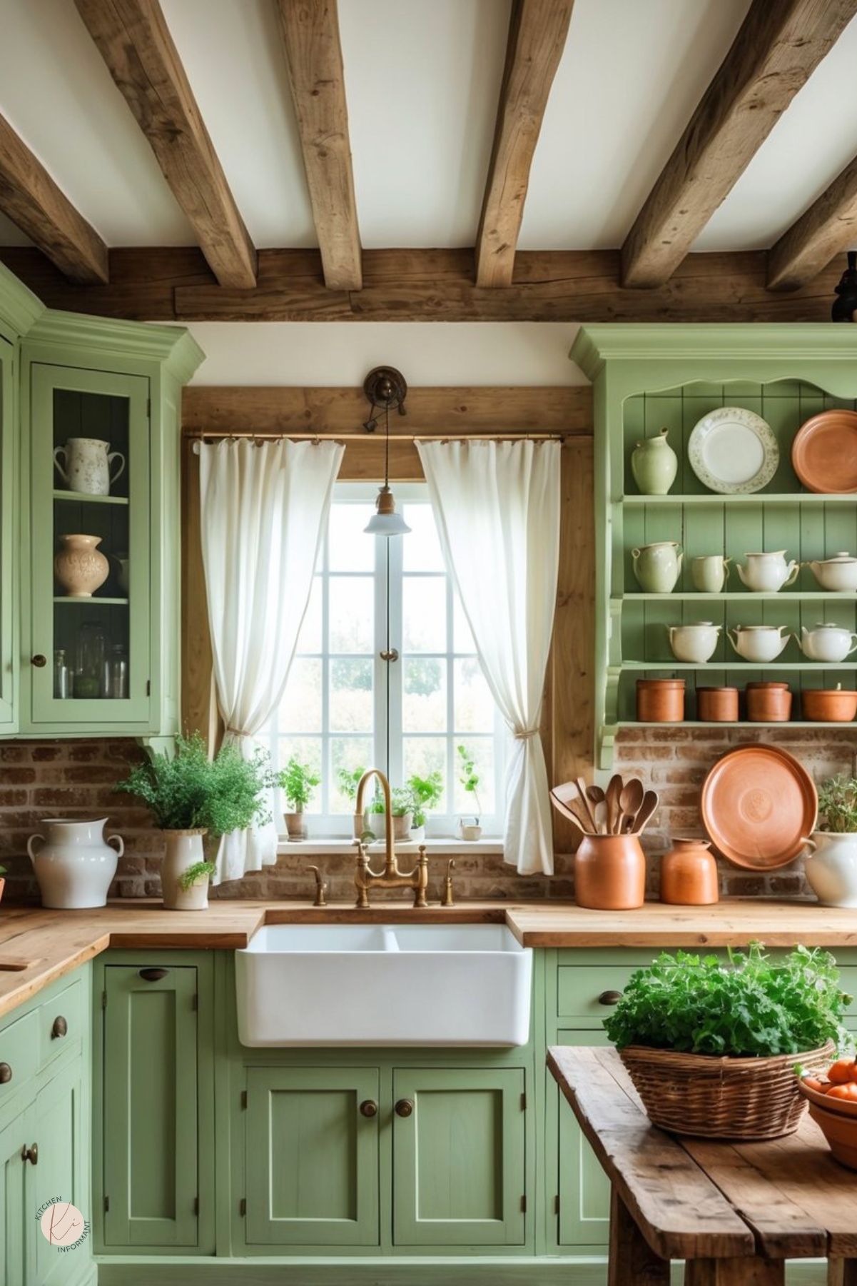 A green rustic kitchen with wooden cabinets, open shelves, a farmhouse sink, wooden countertop, and a dining table with fresh vegetables.