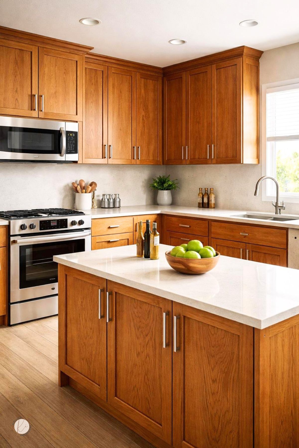 A modern kitchen with honey oak cabinets, light countertops, and natural light coming through a window.