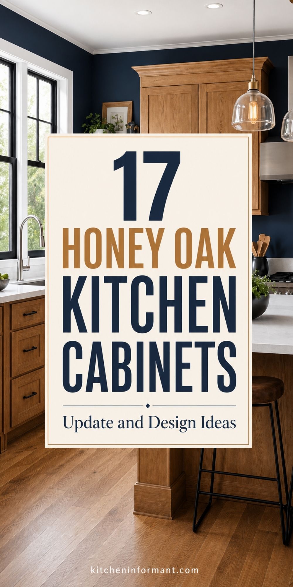 Honey oak kitchen cabinets with navy blue walls, black window trim, white countertops, glass pendant lights, and wood flooring. Large overlay text reads “17 Honey Oak Kitchen Cabinets Update and Design Ideas” with kitcheninformant.com at the bottom.