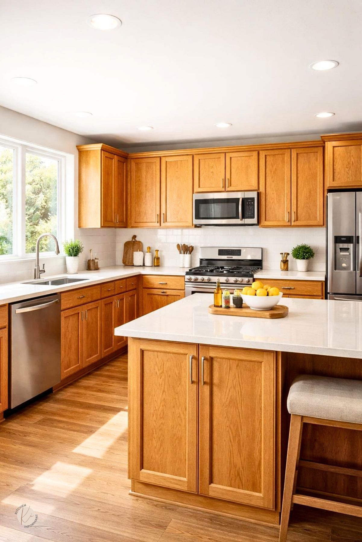 A bright kitchen with honey oak cabinets, stainless steel appliances, and natural light coming through large windows.