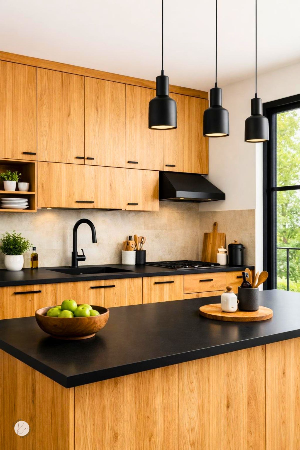 A modern kitchen with white oak cabinets and black countertops, fixtures, and hardware, illuminated by natural light.