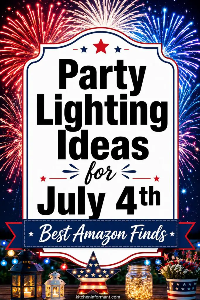 A festive Fourth of July scene with red, white, and blue fireworks exploding in the night sky. In the foreground, decorative lanterns and jars glow with string lights, and a star-shaped light with American flag pattern sits alongside a patriotic flower arrangement. Bold text reads “Party Lighting Ideas for July 4th” with a subtext banner: “Best Amazon Finds.”