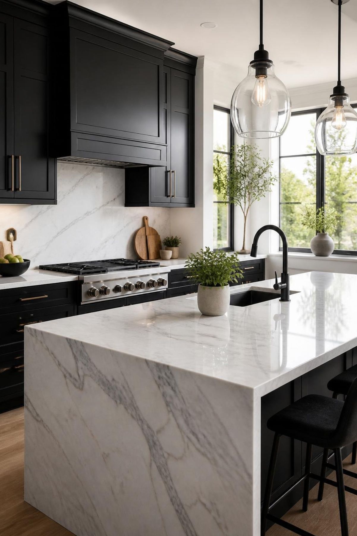 Modern kitchen with black cabinets, brass hardware, white marble countertops, and a waterfall island. Glass pendant lights, black faucet, marble backsplash, stainless steel range, black bar stools, and large windows create a sleek luxury kitchen design.