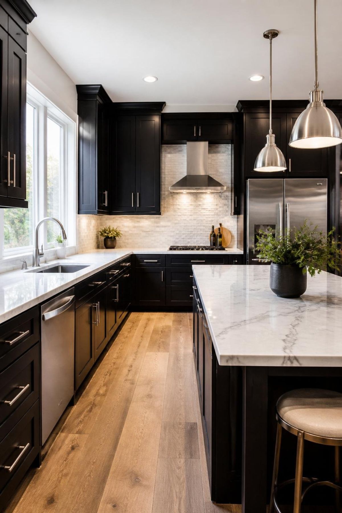 Black kitchen cabinets with white marble countertops, a marble island, and stainless steel appliances. Silver pendant lights, warm wood floors, large windows, and a bright marble backsplash create a modern kitchen design with a clean black and white style.
