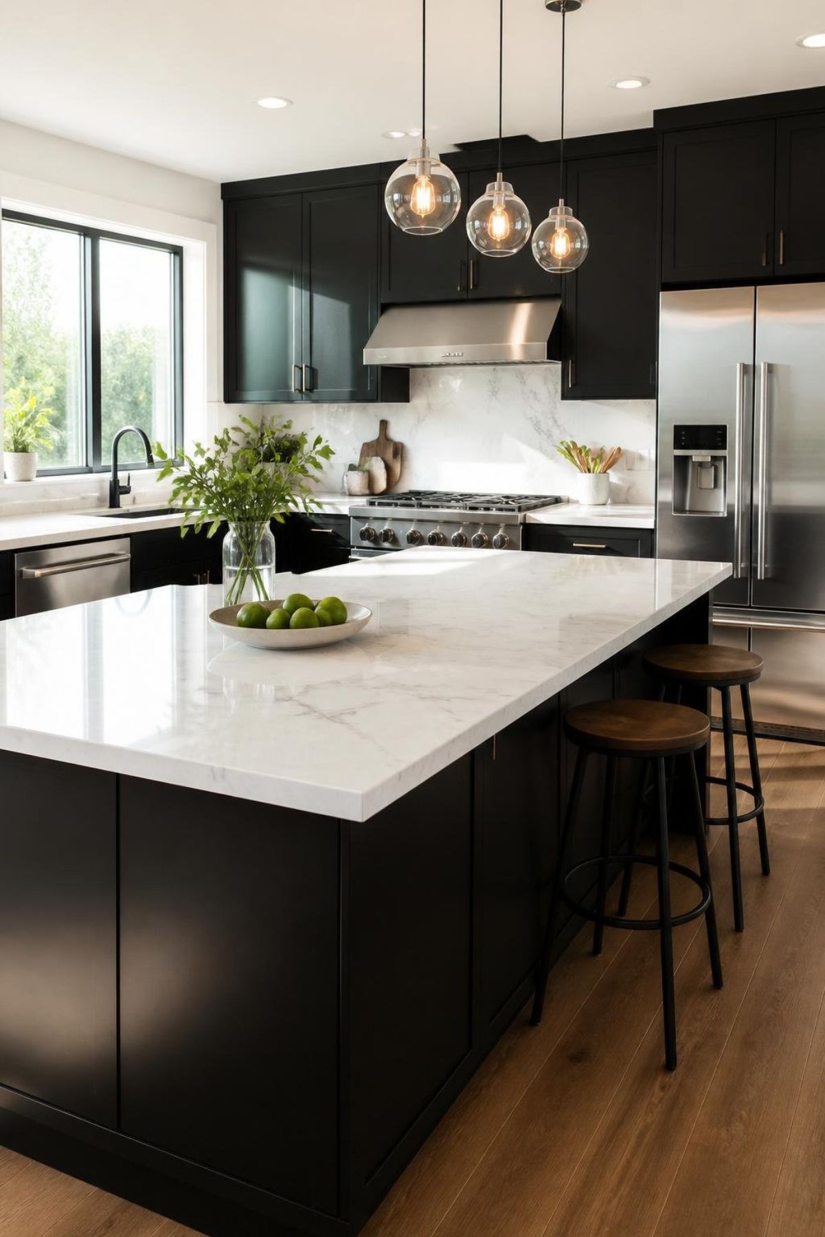 Modern kitchen with black cabinets, white marble countertops, and a large marble island. Glass globe pendant lights, stainless steel appliances, black faucet, wood floors, and simple bar stools create a clean contemporary kitchen design.