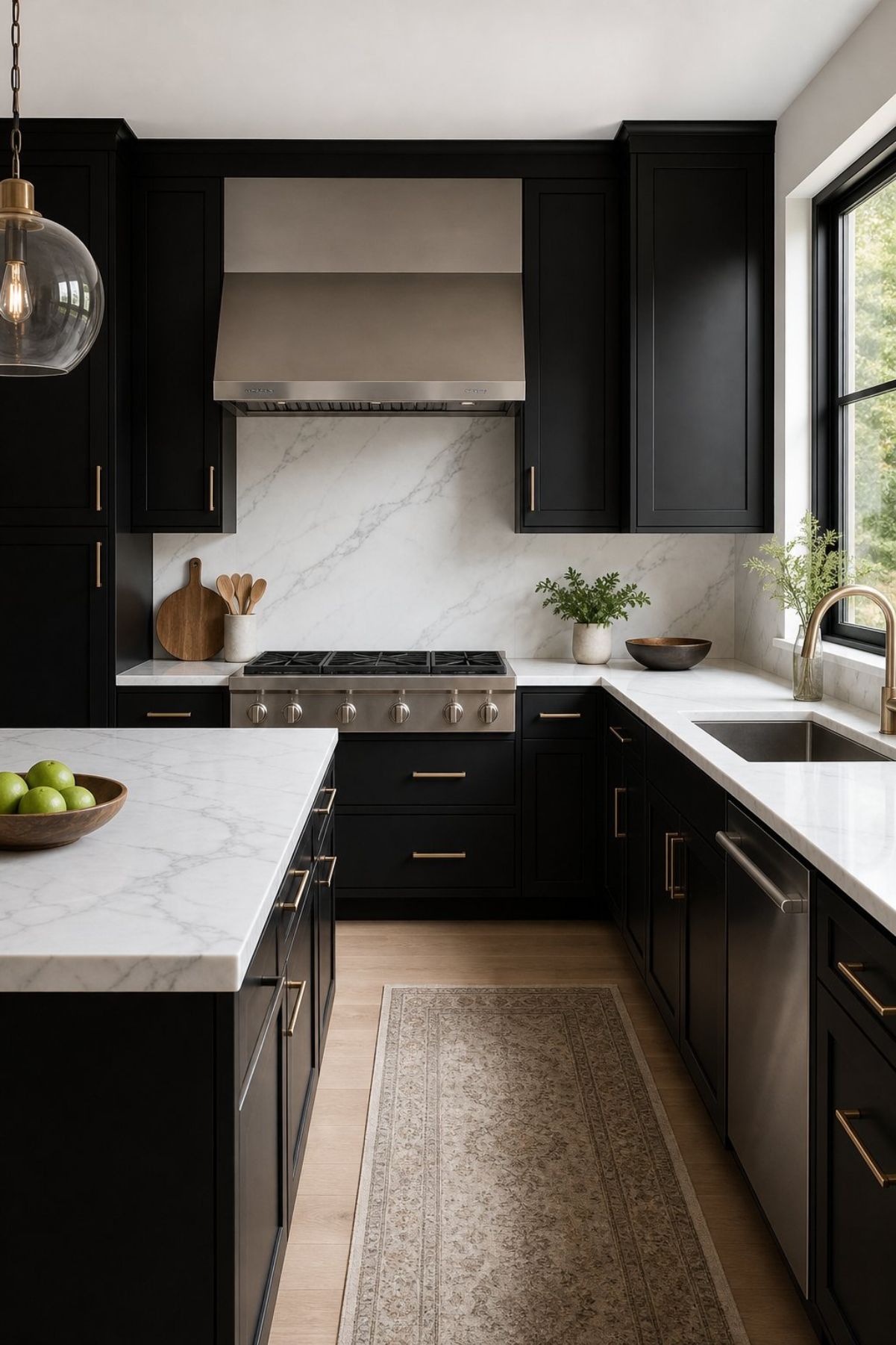 Black kitchen cabinets with brass hardware, white marble countertops, and a matching marble backsplash. A marble island, stainless steel range hood, farmhouse-style runner rug, wood floors, and large window create a sleek modern kitchen design.