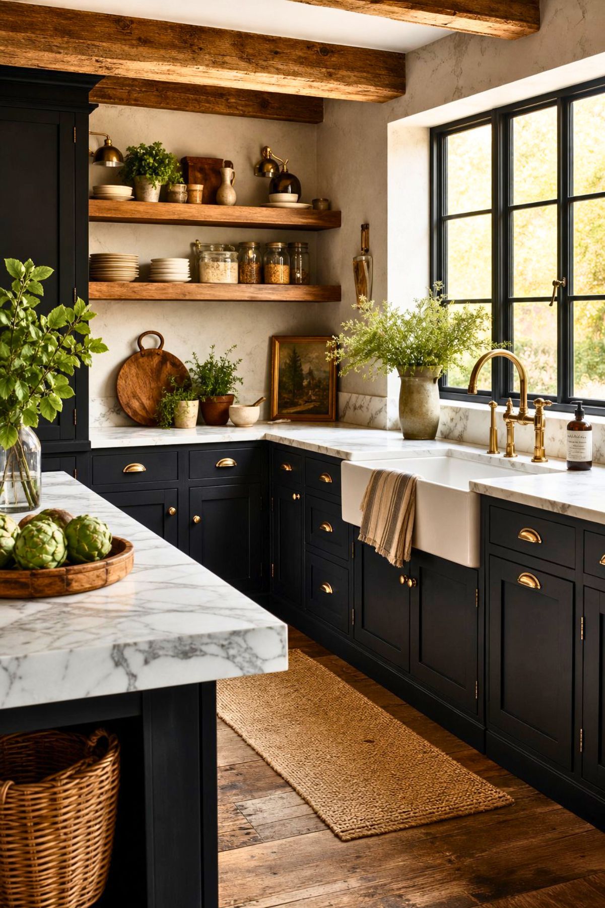 Rustic kitchen with black cabinets, brass hardware, white marble countertops, and a farmhouse sink. Wood beams, open wood shelves, brass faucet, black-framed windows, plants, woven runner, and dark wood floors add warm cottage kitchen design style.