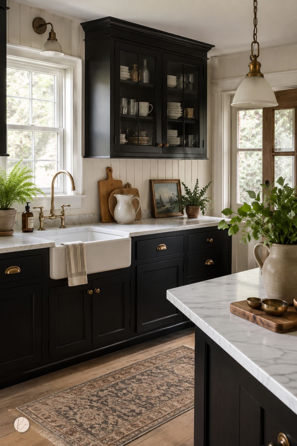 Cottage kitchen with black cabinets, brass hardware, white marble countertops, and a marble island. A farmhouse sink, glass-front cabinet, cream shiplap walls, pendant lighting, potted plants, and a patterned rug add warm vintage charm.