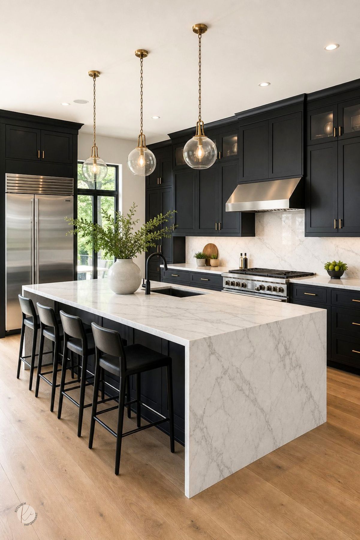 Modern kitchen with black cabinets, brass hardware, white marble countertops, and a waterfall island. Glass globe pendant lights, stainless steel appliances, black bar stools, marble backsplash, and warm wood floors create a sleek luxury kitchen design.
