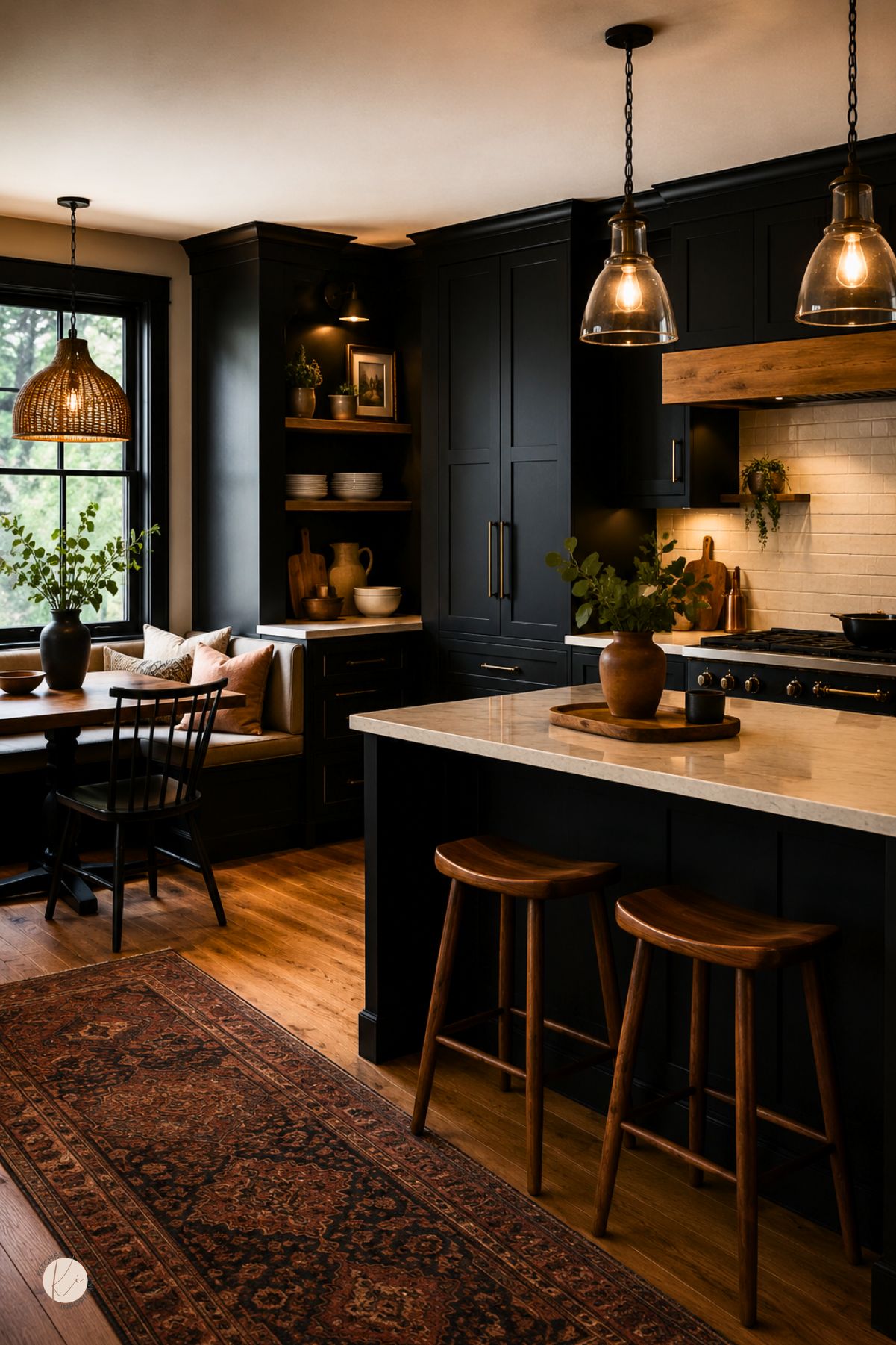 Cozy black eat-in kitchen with warm wood accents, shaker cabinets, wood range hood, marble island, wooden stools, glass pendant lights, built-in breakfast nook, white tile backsplash, vintage-style rug, and warm wood flooring.