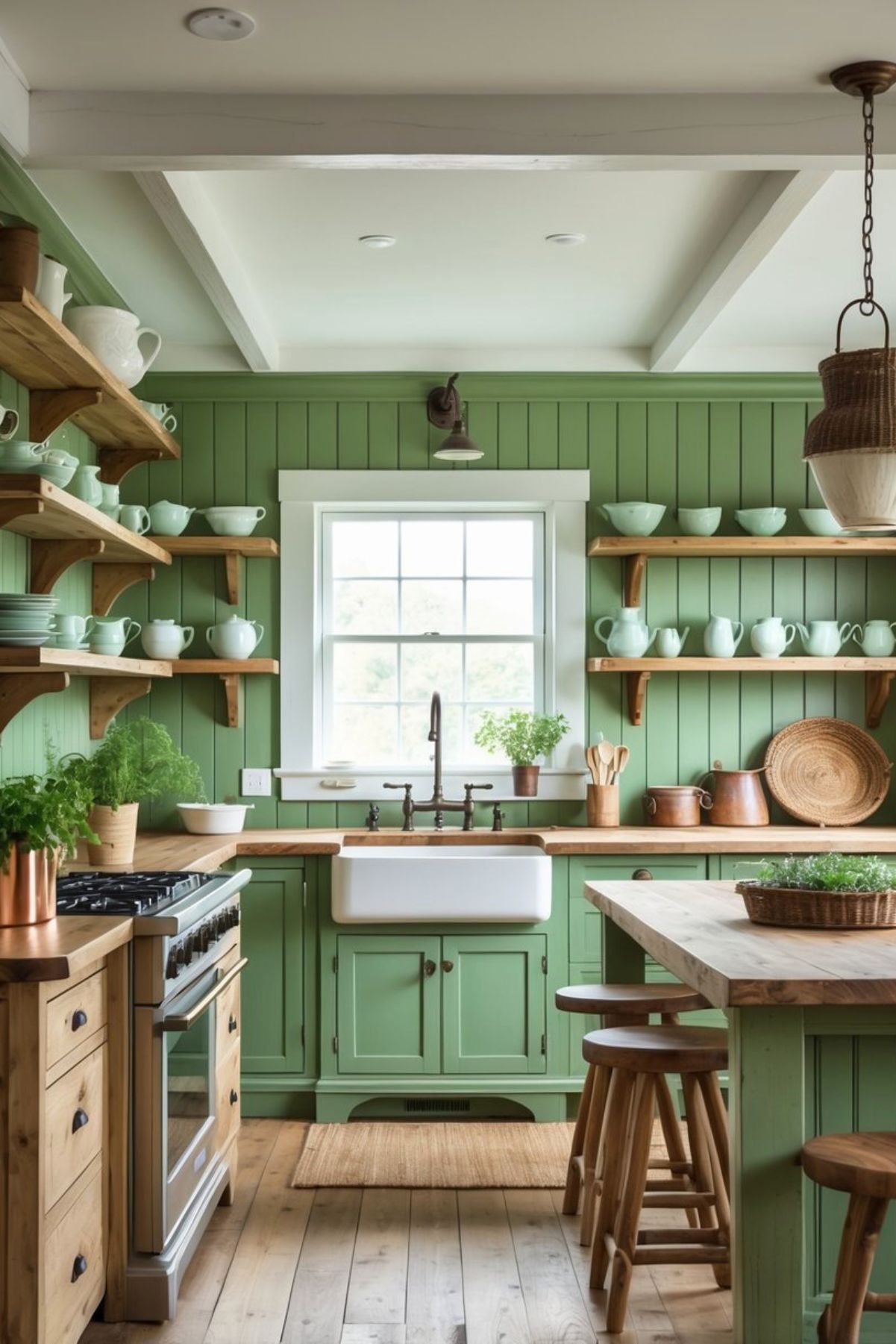 A spacious kitchen with green wooden cabinets, a farmhouse sink under a window, a wooden island with stools, and rustic decor including potted herbs and hanging pots.