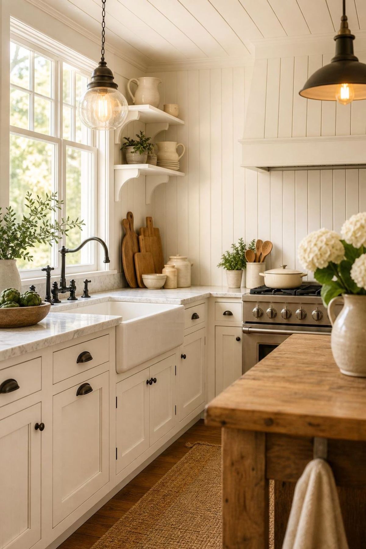 A bright cottage kitchen with white beadboard backsplash, light countertops, classic cabinet hardware, and warm pendant lighting.