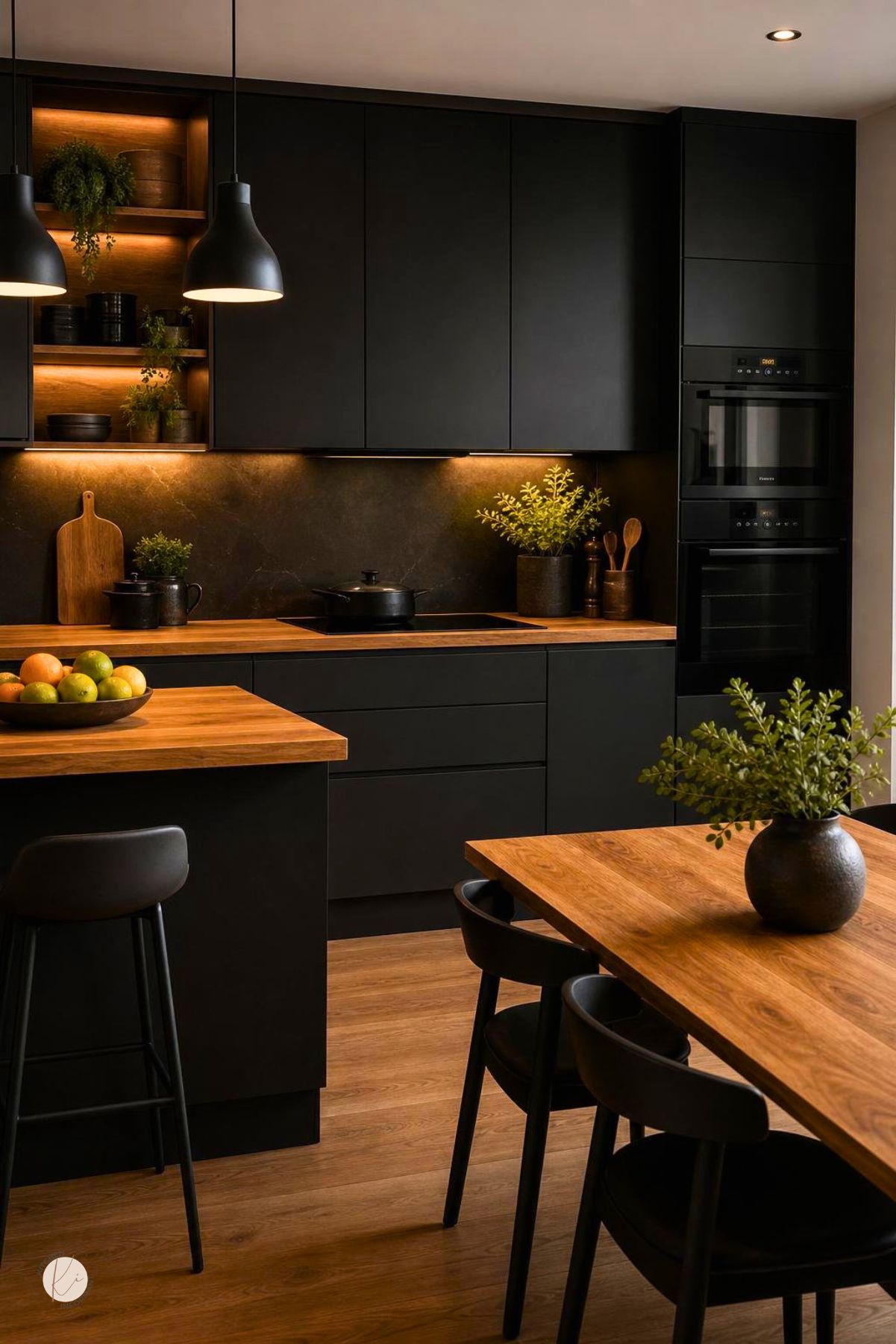 Black kitchen with warm wood accents, flat-panel cabinets, wood countertops, open shelving with under-cabinet lighting, black pendant lights, built-in wall ovens, wood dining table, black chairs, plants, and warm wood flooring.
