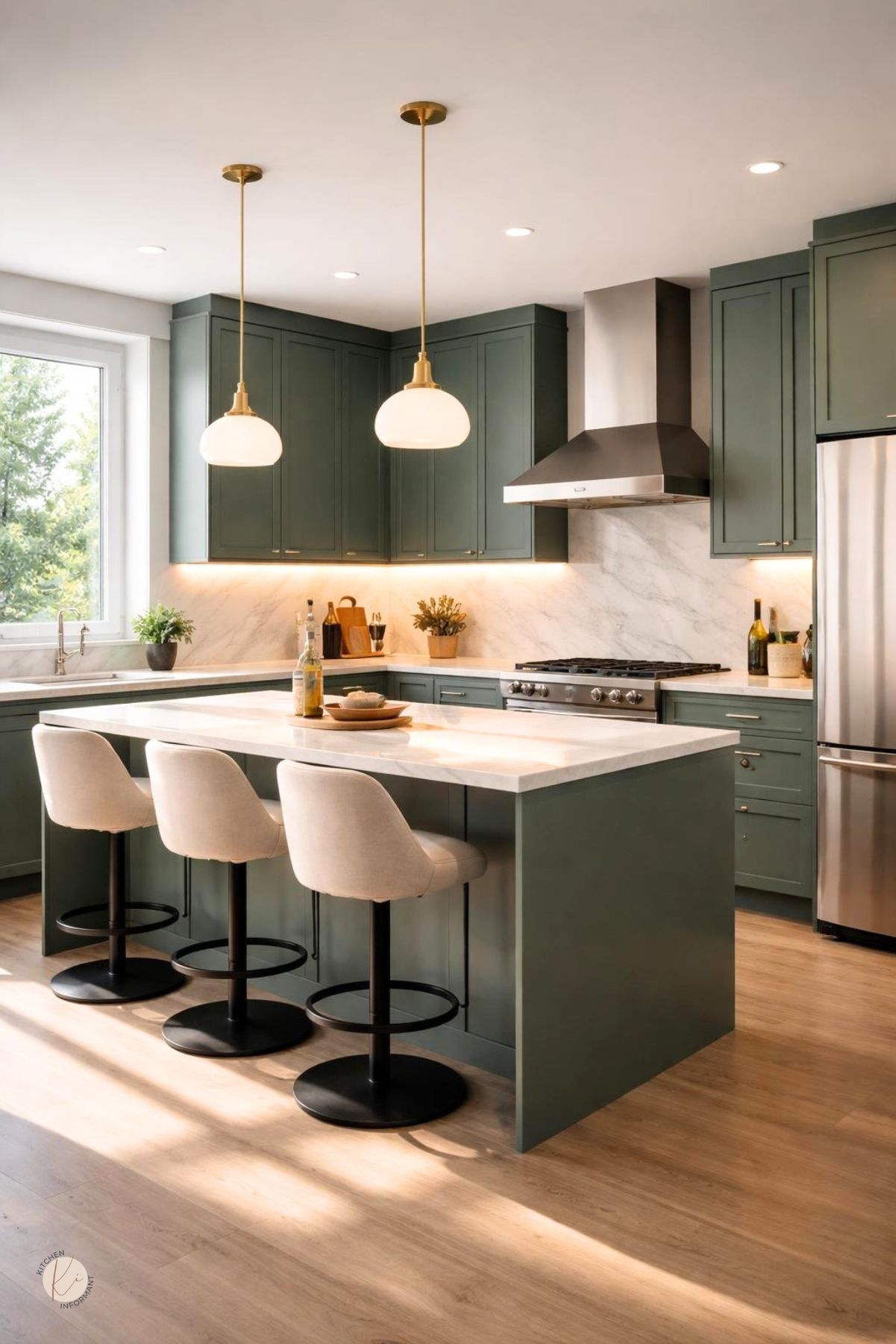 A modern kitchen with smoky jade cabinets, white marble countertops, stainless steel appliances, and warm lighting highlighting the space.