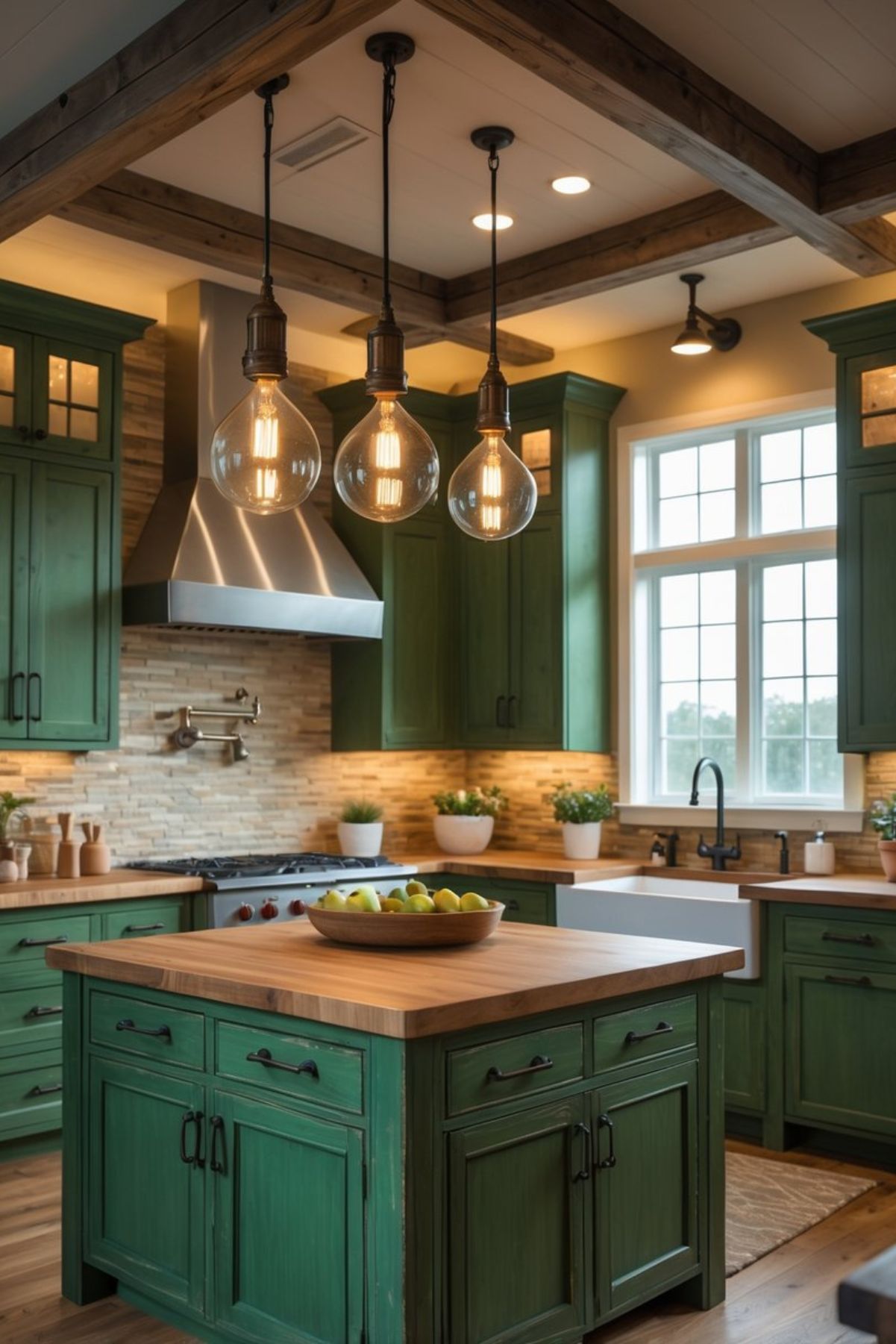 A green rustic kitchen with wooden countertops, pendant lights above the island, and natural light coming through large windows.
