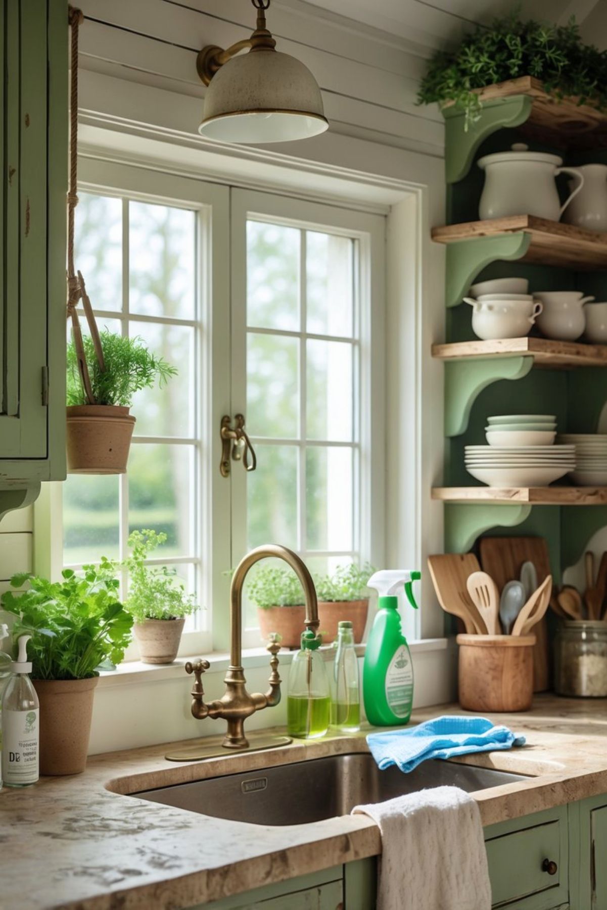 Green cottage kitchen sink area with sage cabinets, open wood shelves, scalloped brackets, white dishware, brass faucet, marble-style countertop, potted herbs, cleaning bottles, blue cloth, and tall windows with soft natural light.