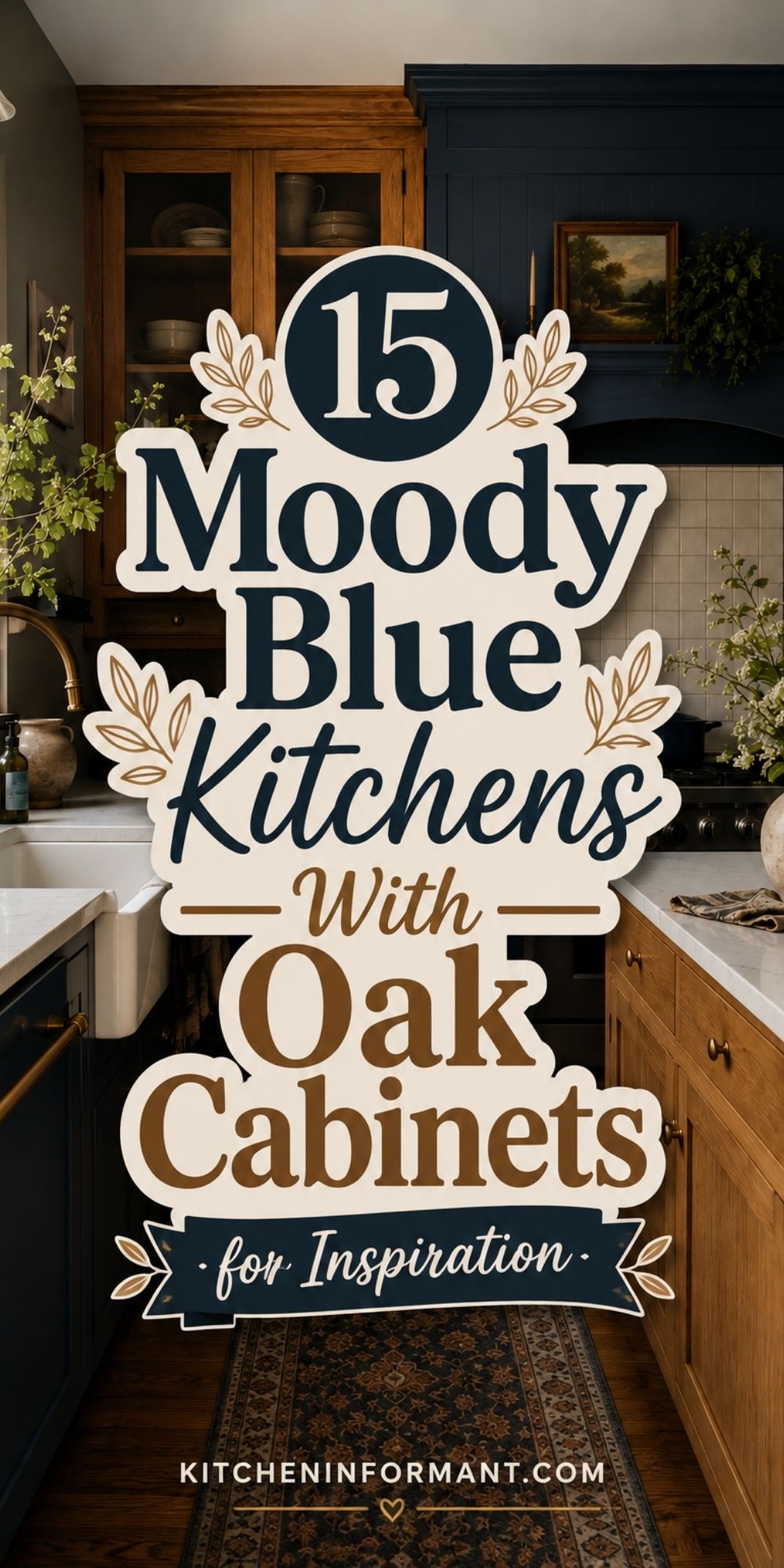 Moody blue kitchen with oak cabinets, white countertops, brass fixtures, plants, wall art, and a patterned runner rug. Text reads “15 Moody Blue Kitchens With Oak Cabinets for Inspiration” and “KITCHENINFORMANT.COM.”