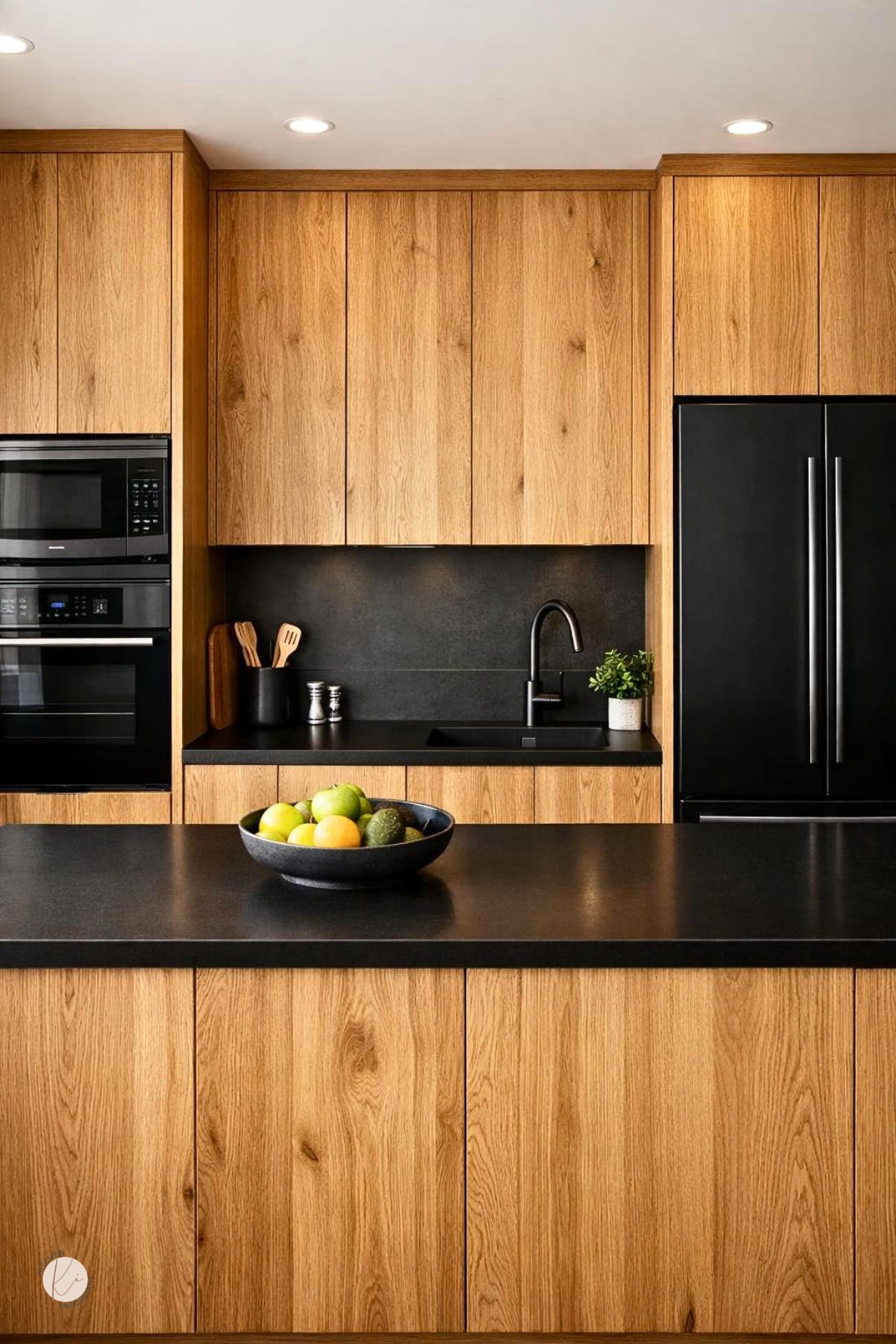 A modern kitchen with white oak cabinets and black countertops, featuring natural light and minimal decor.
