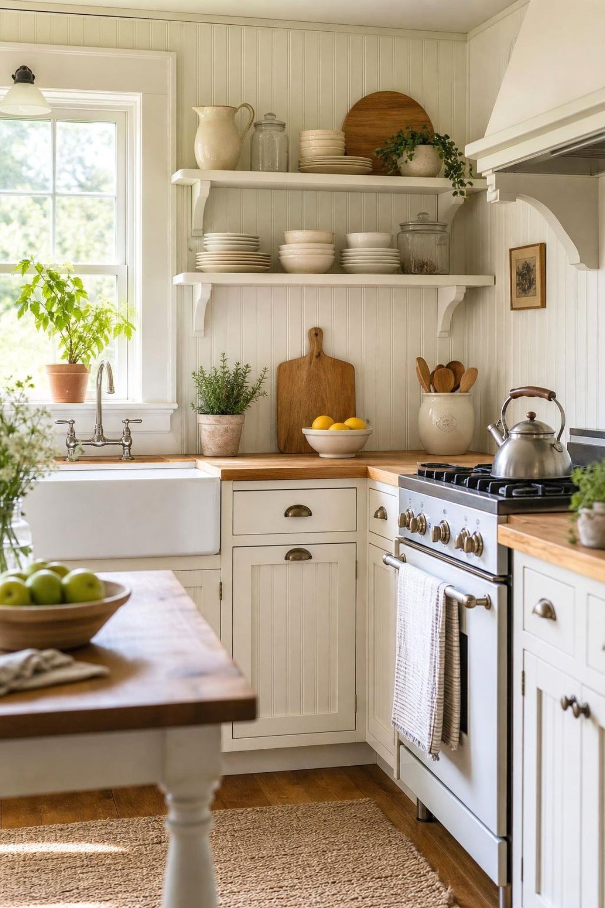 A bright cottage kitchen with beadboard backsplashes, white cabinets, wooden countertops, and natural light coming through a window.