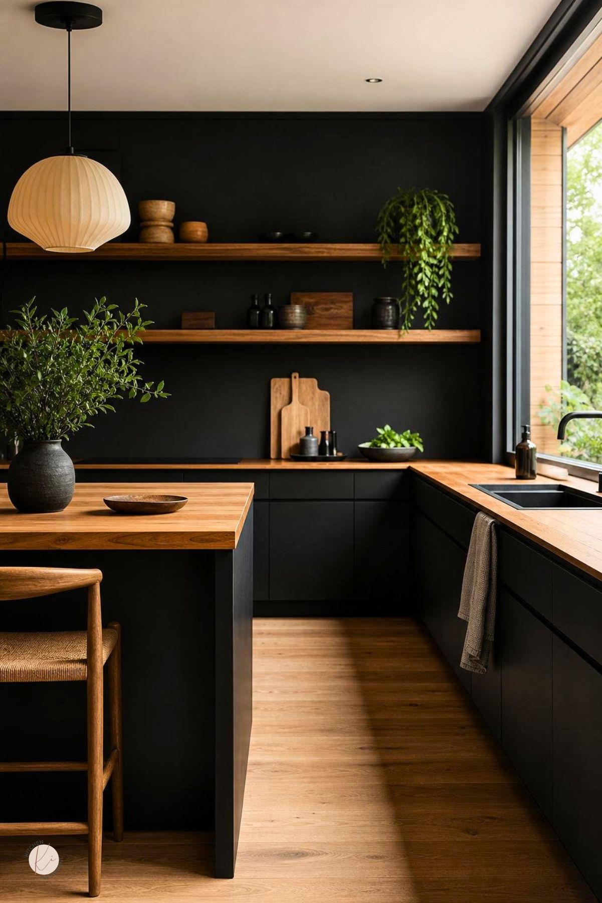 Black kitchen with warm wood accents, matte black cabinets, wood countertops, floating shelves, black backsplash, large window over the sink, paper pendant light, wood island, woven stool, greenery, and warm wood flooring.