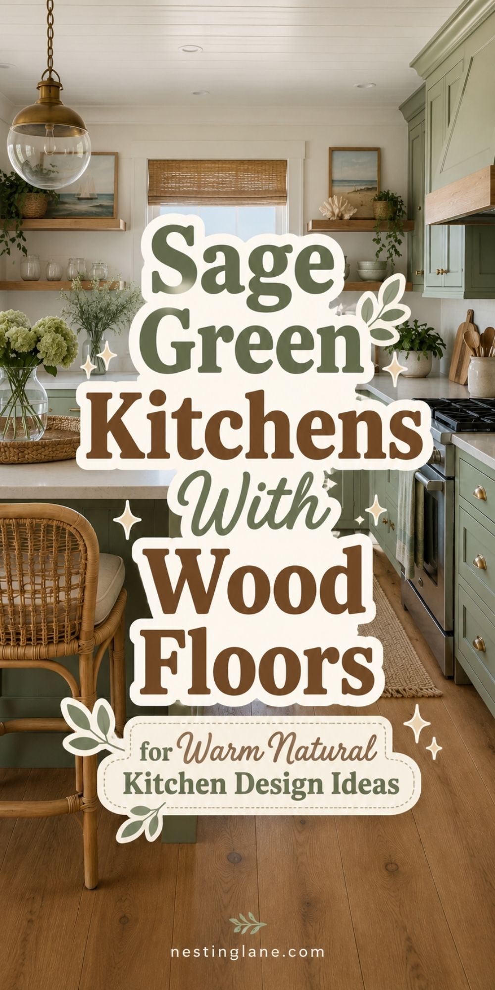 Sage green kitchen with wood floors, white countertops, rattan chair, glass pendant light, woven shade, wood shelves, and coastal decor. Text reads “Sage Green Kitchens With Wood Floors for Warm Natural Kitchen Design Ideas” and “nestinglane.com.”