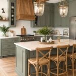 Smoky jade kitchen with green cabinets, a large matching island, white countertops, brass fixtures, wood ceiling beams, glass pendant lights, a wood range hood, and woven counter stools.