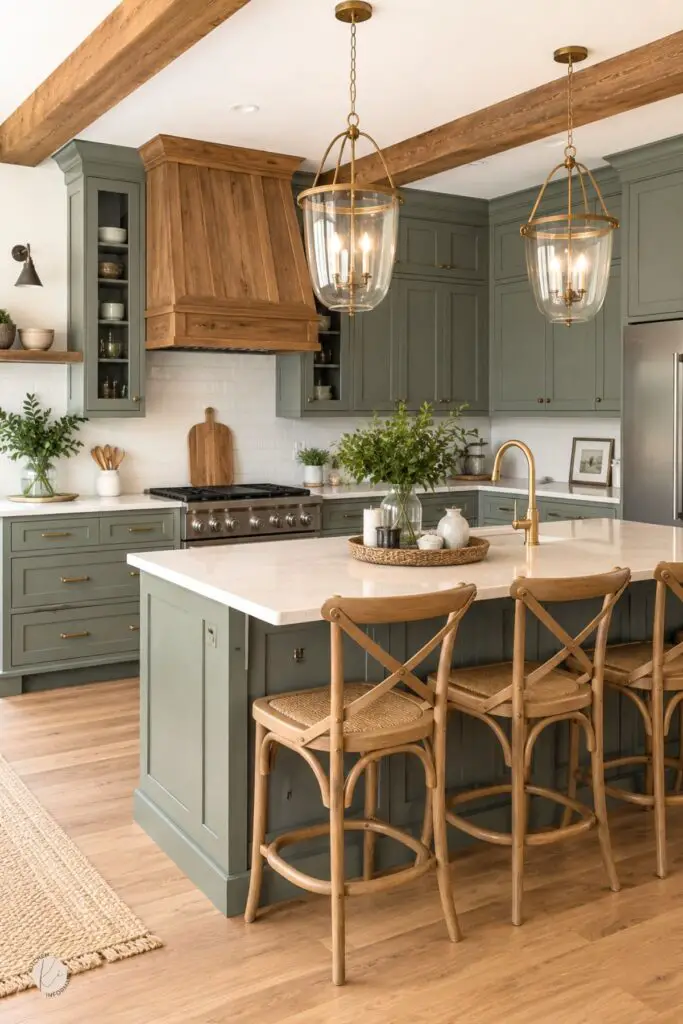 Smoky jade kitchen with green cabinets, a large matching island, white countertops, brass fixtures, wood ceiling beams, glass pendant lights, a wood range hood, and woven counter stools.