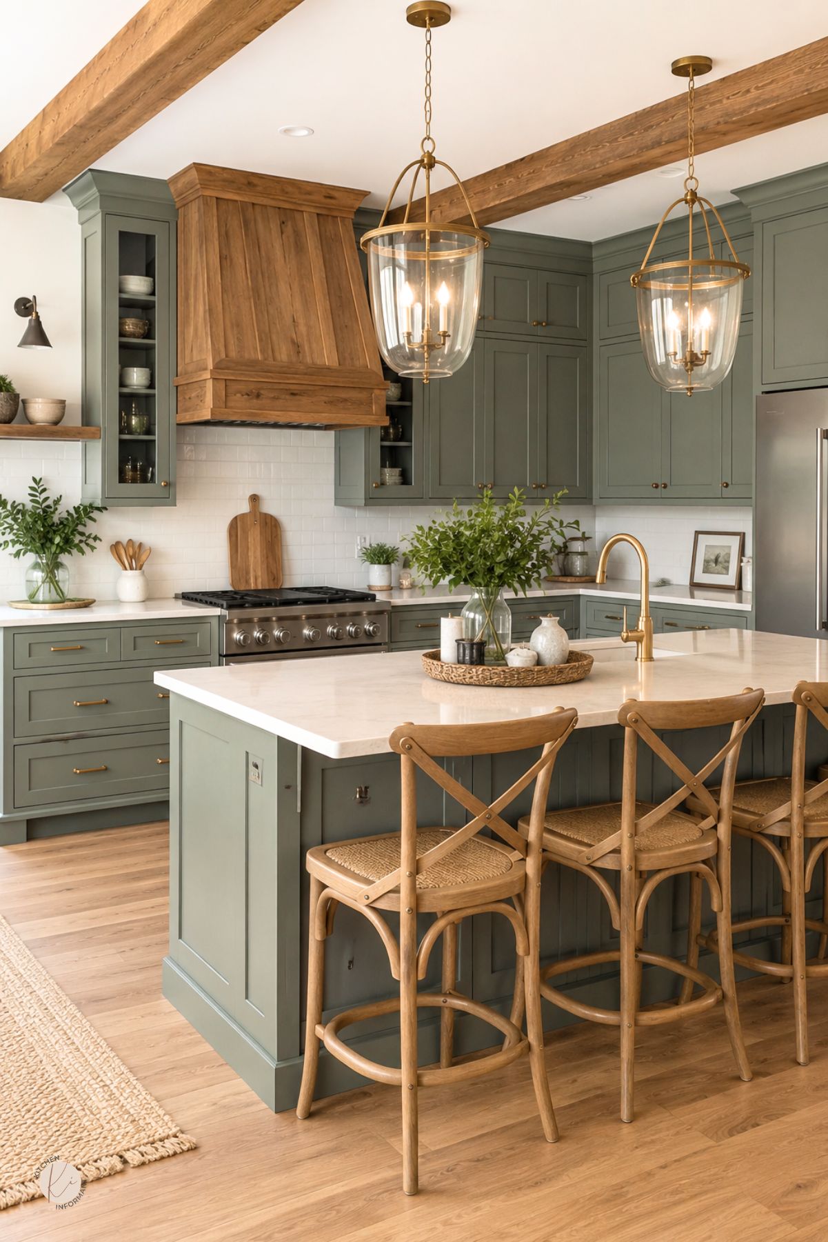 Smoky jade kitchen with green cabinets, a large matching island, white countertops, brass fixtures, wood ceiling beams, glass pendant lights, a wood range hood, and woven counter stools.