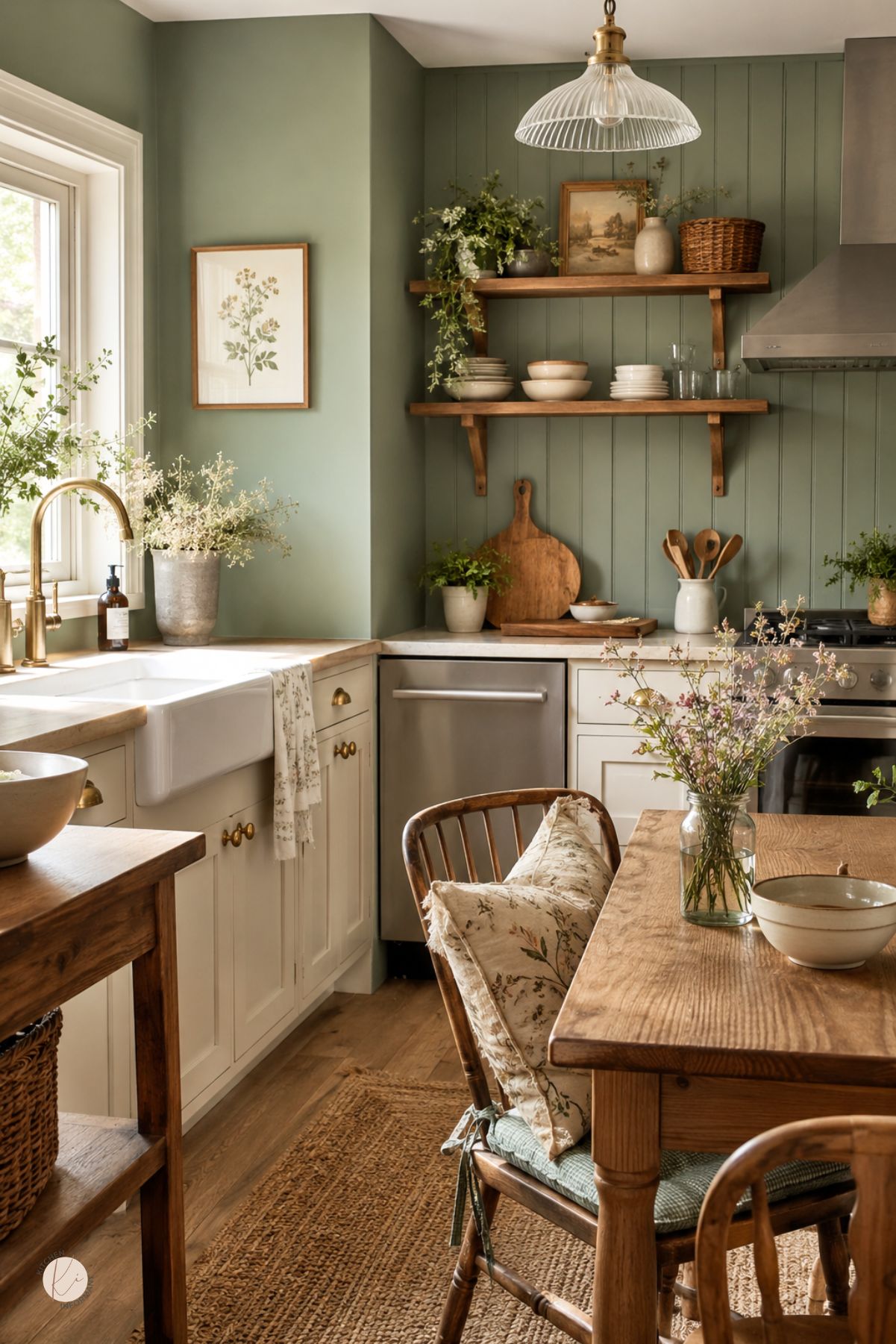 Smoky jade kitchen with green beadboard walls, cream cabinets, a farmhouse sink, brass faucet, wood open shelves, rustic decor, and a wooden dining table with spindle chairs.