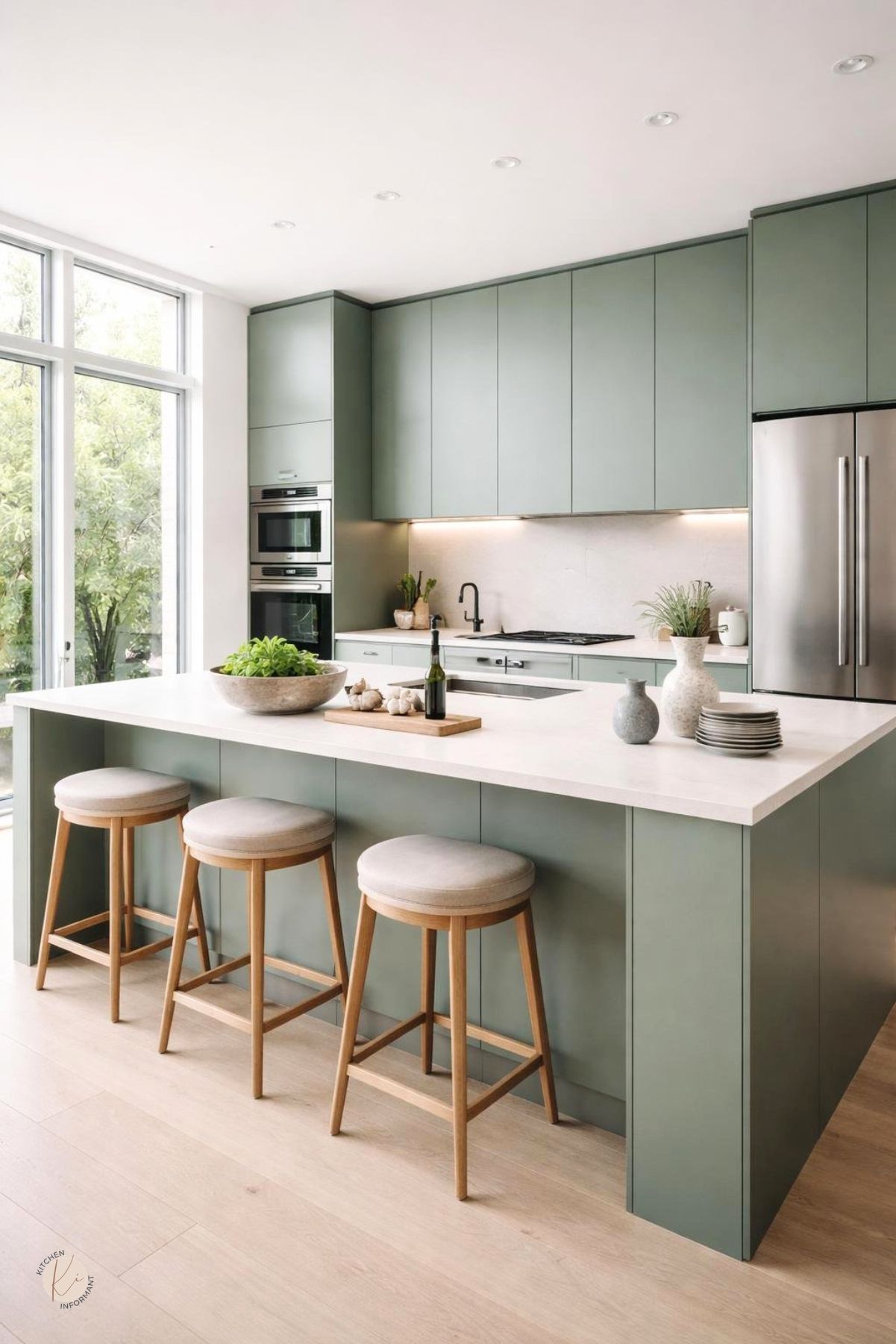Modern kitchen with smoky jade cabinets, a large white island, stainless steel refrigerator, built-in ovens, black faucet, wood stools, light wood flooring, and tall windows bringing in natural light.