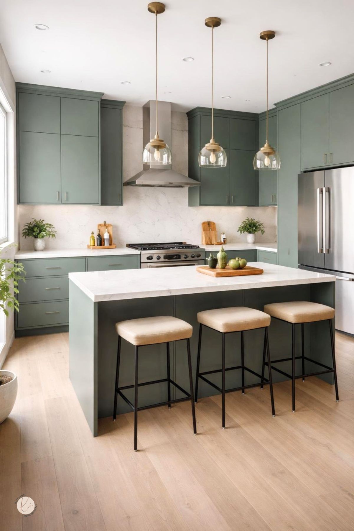 Smoky jade kitchen with tall cabinets, a white marble backsplash, stainless steel range hood and refrigerator, large island, glass pendant lights, black metal stools, light wood floors, and potted plants.