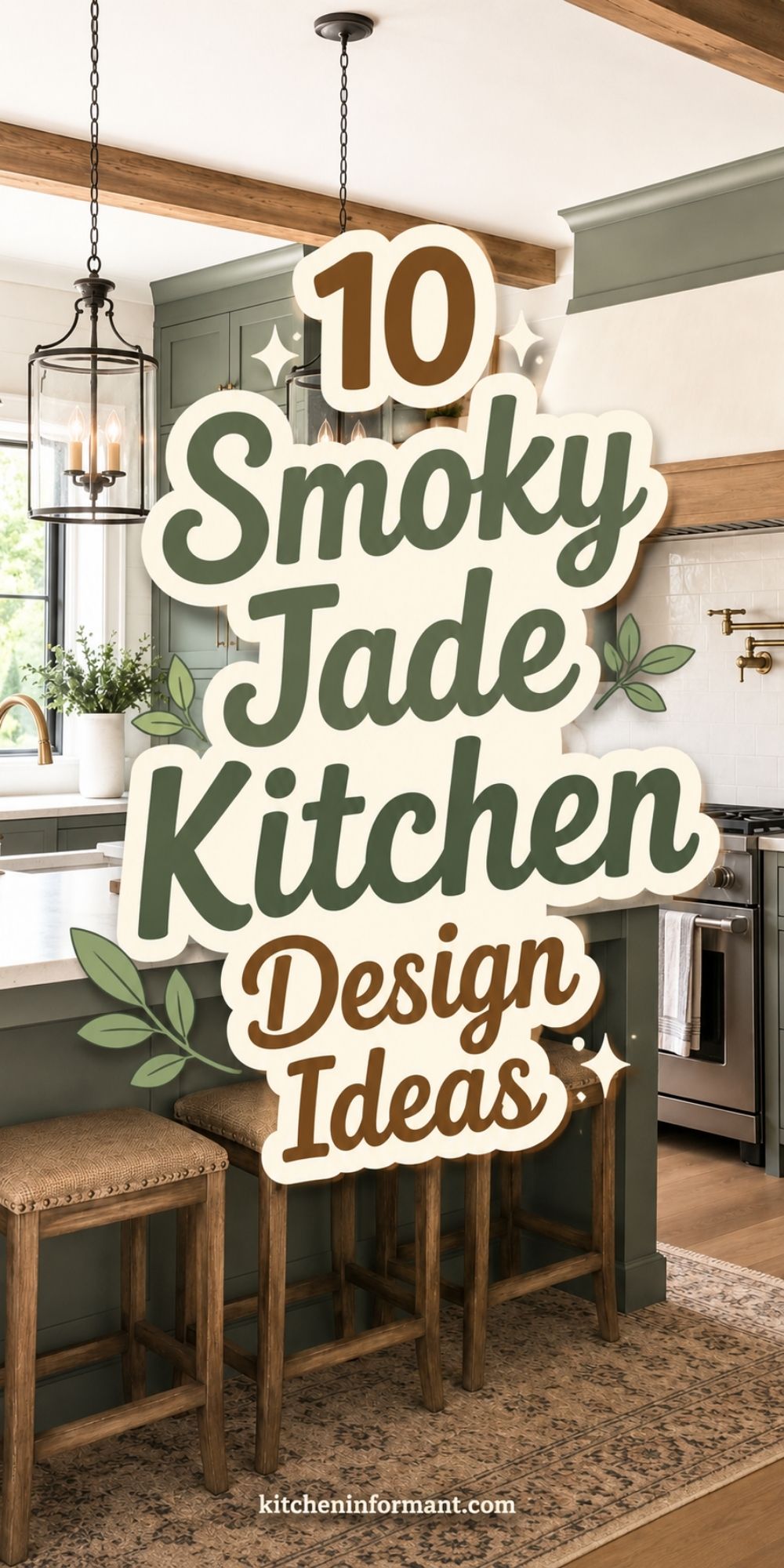 Green smoky jade kitchen with wood beams, white range hood, brass accents, rustic stools, and patterned rug. Large overlay text reads “10 Smoky Jade Kitchen Design Ideas” with leaf graphics and kitcheninformant.com.