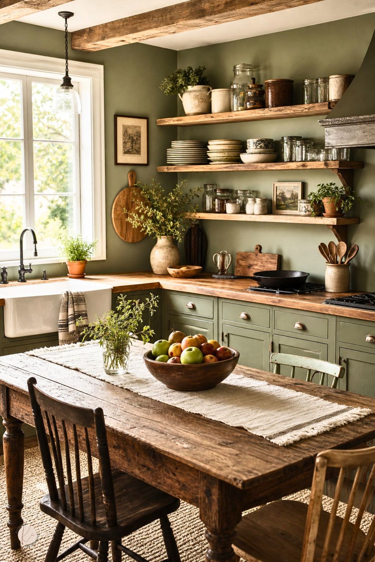 Rustic green kitchen with olive green cabinets, open wood shelves, exposed ceiling beams, a farmhouse sink, wood countertops, potted herbs, vintage dishes, and a large weathered wood dining table with mixed chairs.