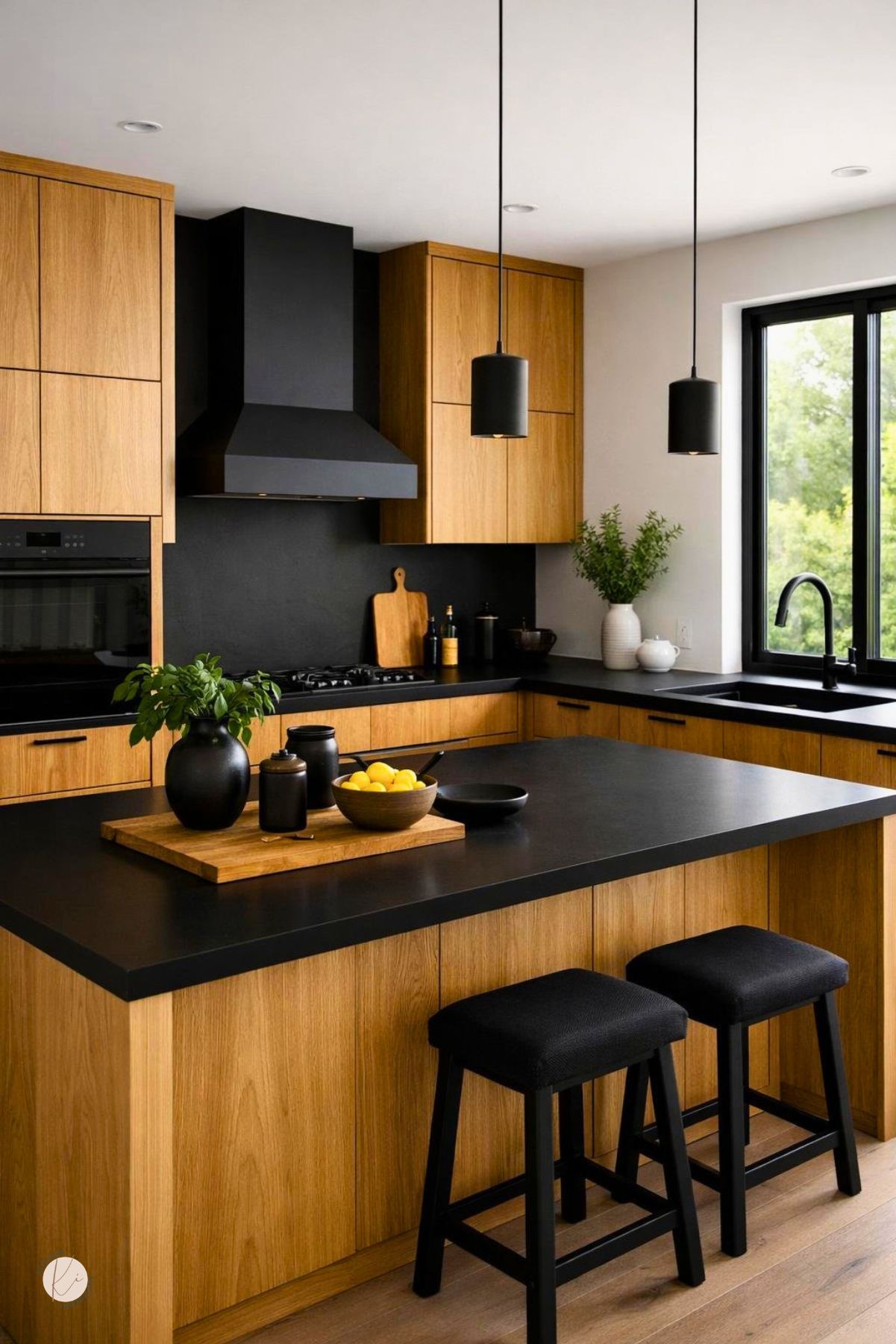 A modern kitchen with white oak cabinets and black countertops, featuring a spacious island and natural light coming through large windows.