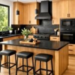 A modern kitchen with white oak cabinets and black countertops, featuring a bright and spacious layout with natural light.