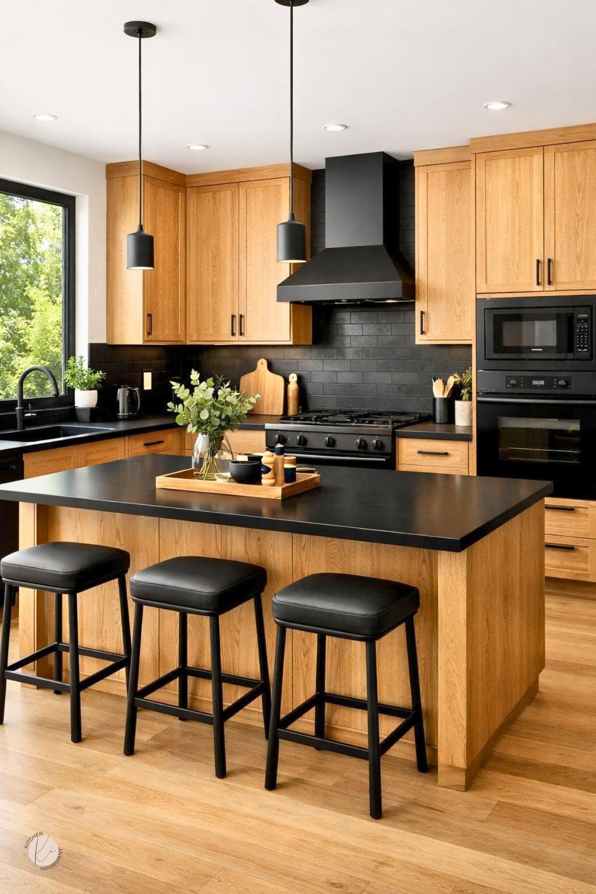 A modern kitchen with white oak cabinets and black countertops, featuring a bright and spacious layout with natural light.