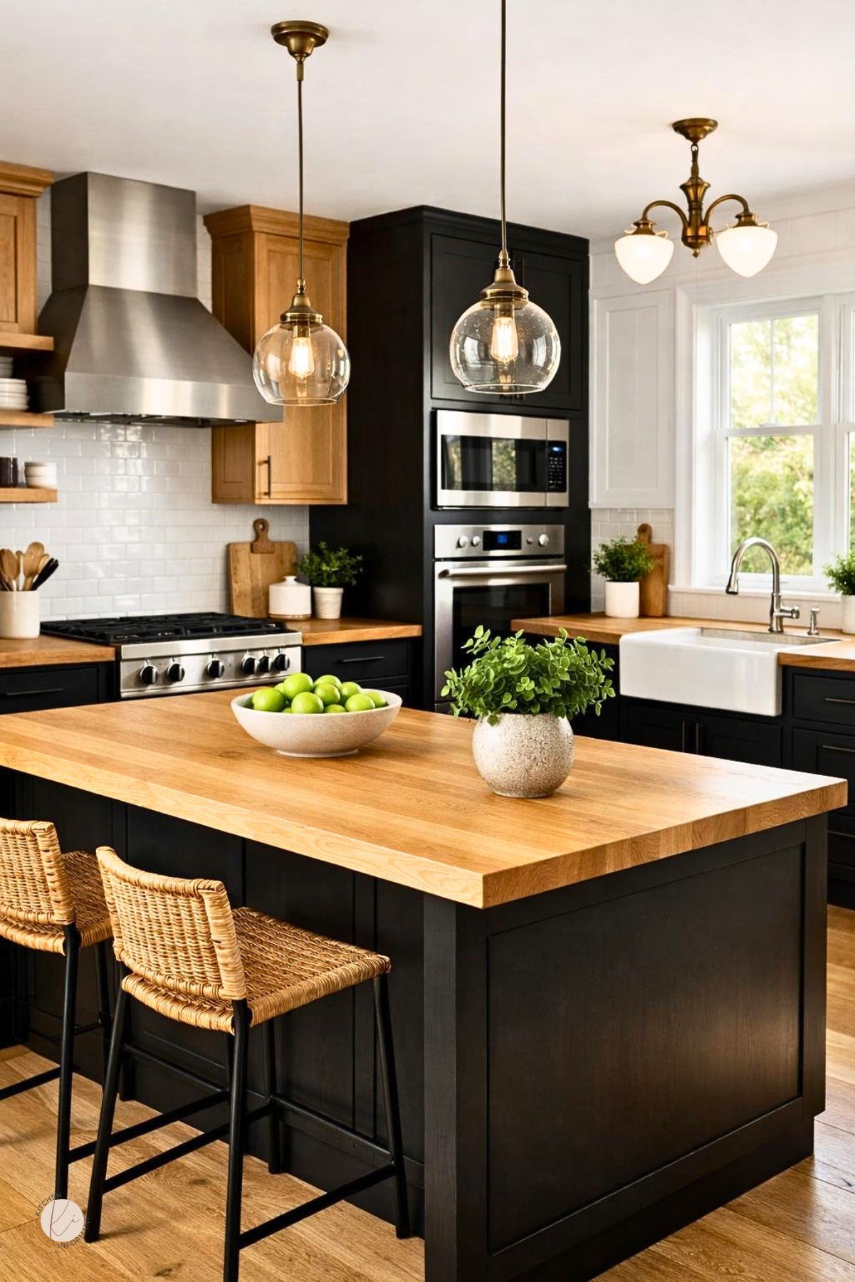 A bright kitchen with black cabinets and white oak countertops and shelves, featuring a kitchen island and plants near large windows.